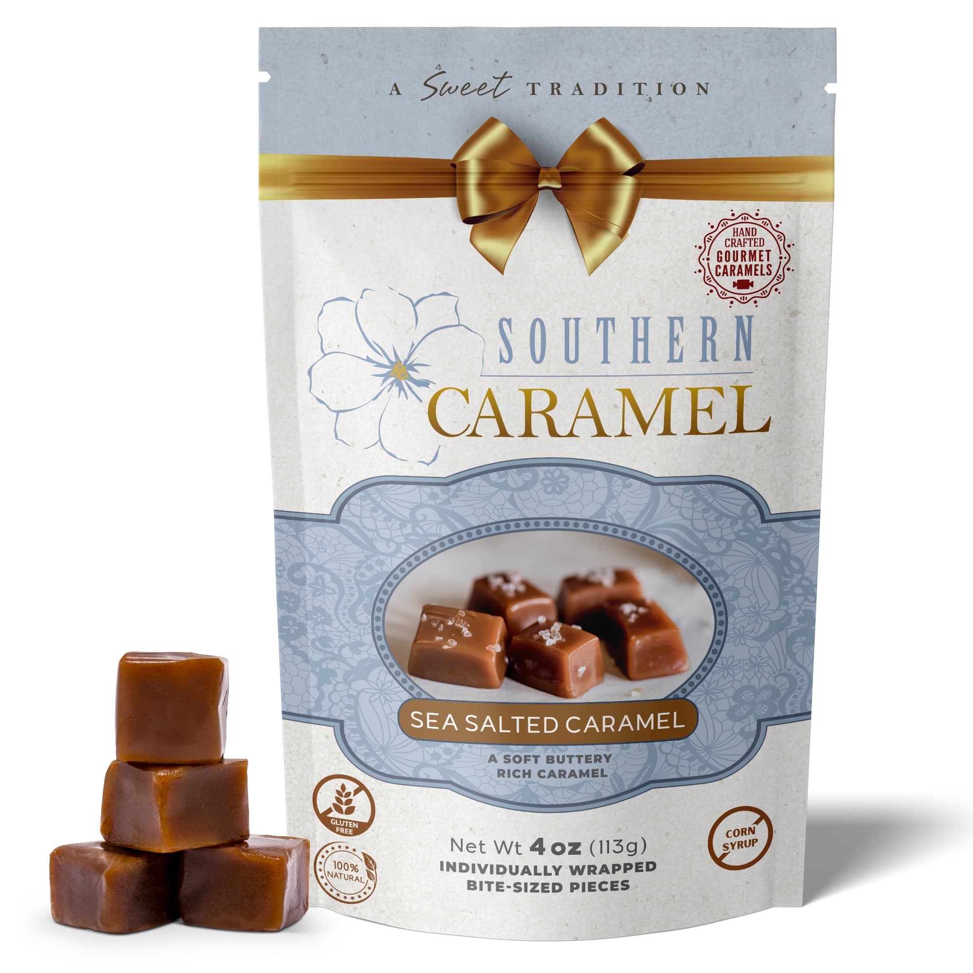 Southern Caramel Sea Salted Caramels, Rich, Buttery Caramel Candy with a Sprinkle of Coarse Sea Salt, Sweet & Salty, Handcrafted, No Corn Syrup