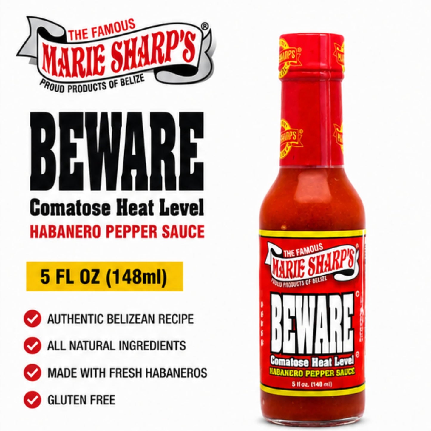 Marie Sharp’s BEWARE Comatose Heat Level Habanero Pepper Sauce, 5 oz | Extreme Heat Hot Sauce from Belize | All-Natural, No Preservatives |