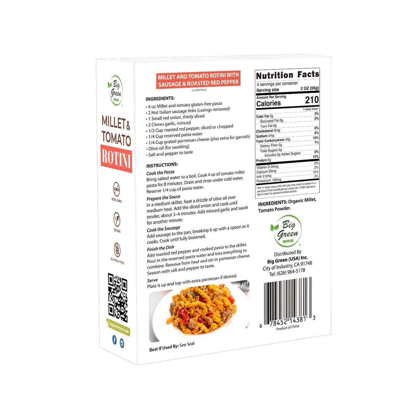 Big Green Food - Millet & Tomato Rotini Pasta, Gluten-Free, Non-GMO, Vegan, Wheat-Free, Made with Millet and Tomato (3 Boxes)