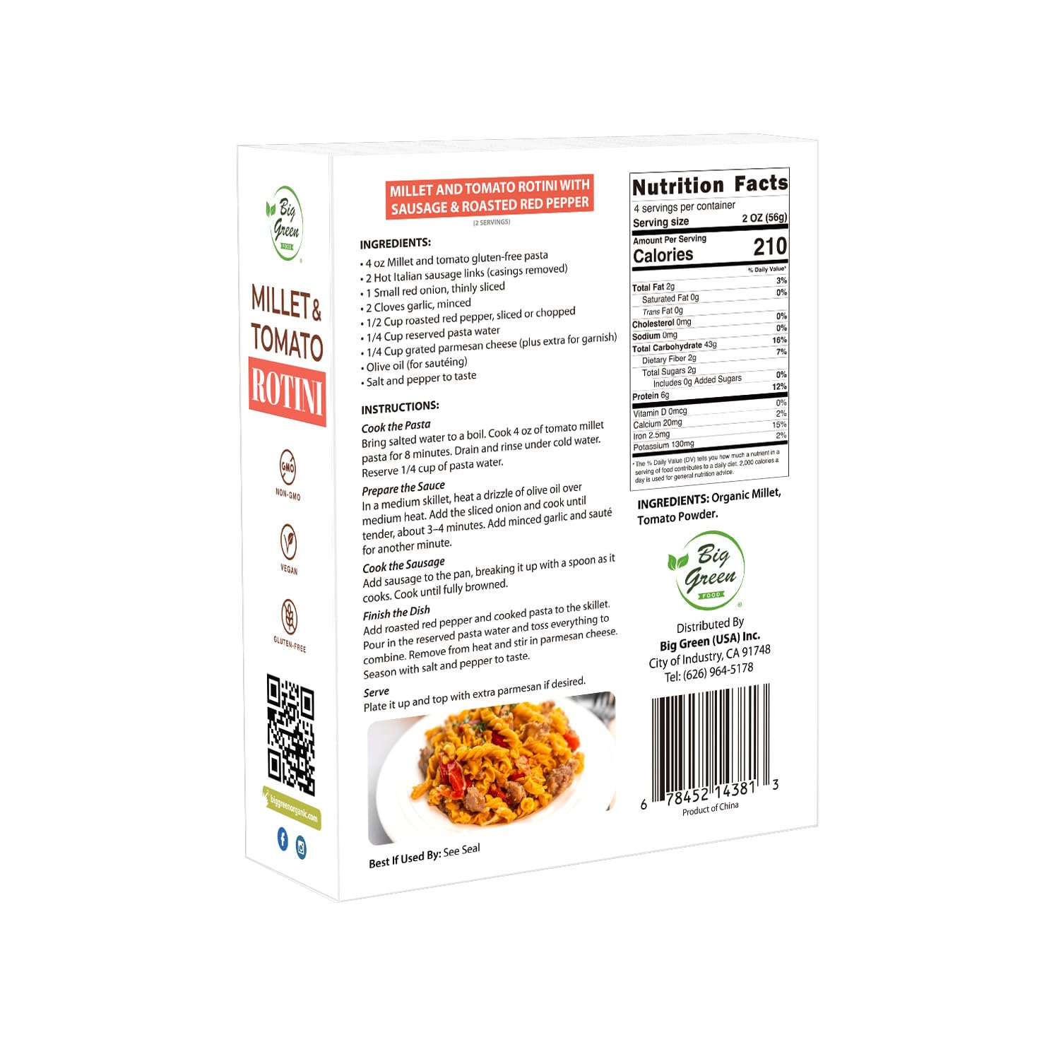 Big Green Food - Millet & Tomato Rotini Pasta, Gluten-Free, Non-GMO, Vegan, Wheat-Free, Made with Millet and Tomato (3 Boxes)