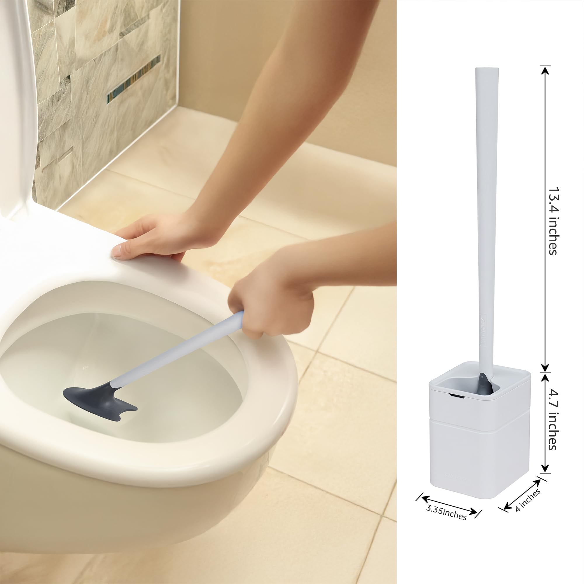 Broombi Sani-Flex Toilet Brush Squeegee and drip-Less Holder Set with a Patented Silicone Bristle-Free Head - no Mess, no clinging gunk or Poo, Super