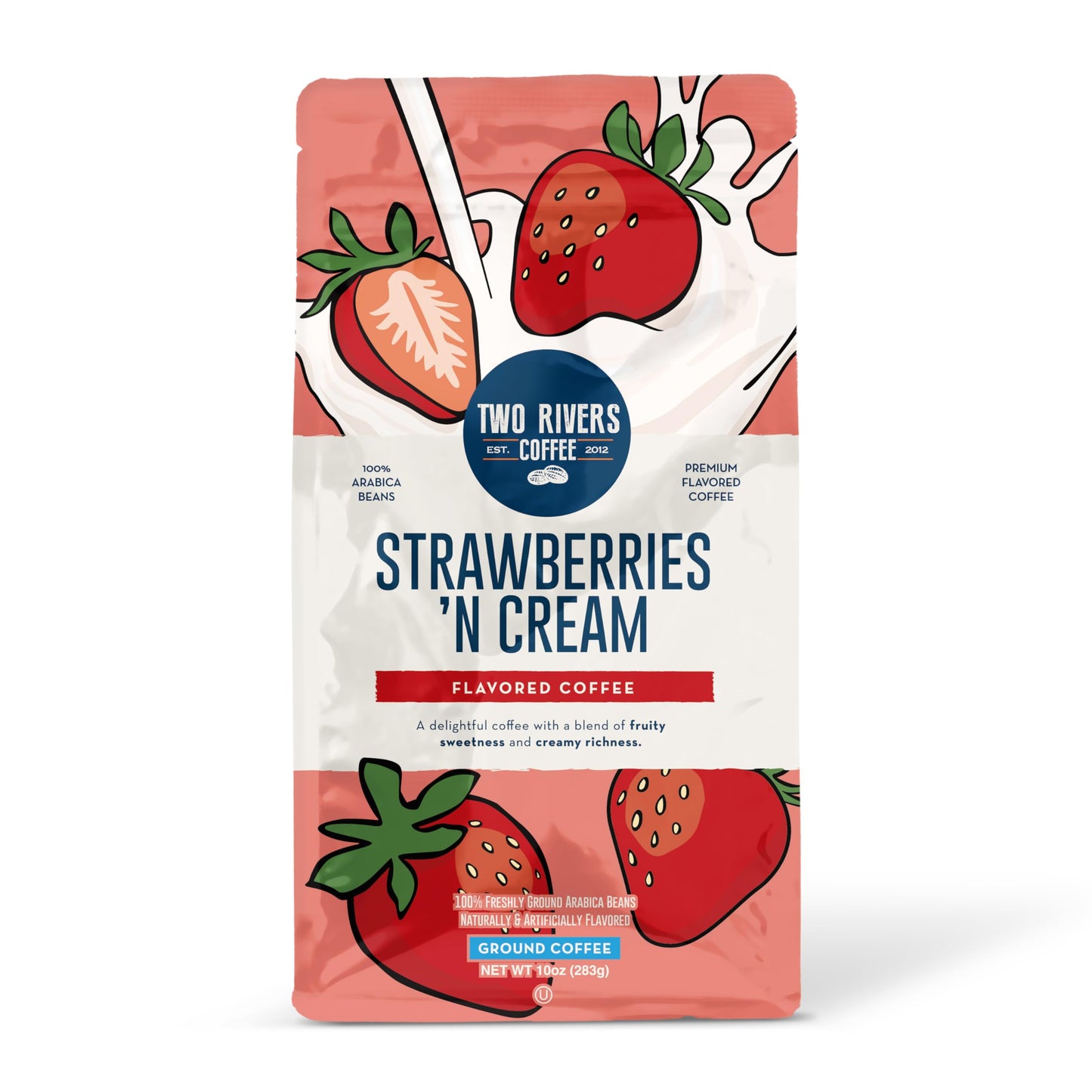 Two Rivers Coffee Strawberries N Cream Flavored Ground Coffee, Perfectly Balanced, Always Smooth, Made with 100% Arabica Beans - Flavor Enhanced, 10