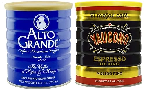 Alto Grande Super Premium Medium-Dark Roast Ground Coffee, and Yaucono Espresso De Oro Dark Roast Fine Ground Coffee, 8.8 Ounce Canisters, Puerto Rico