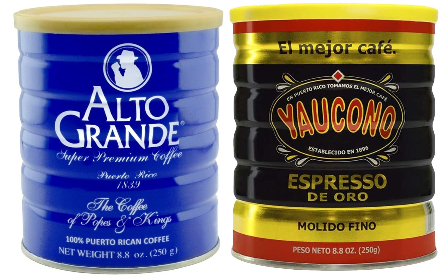 Alto Grande Super Premium Medium-Dark Roast Ground Coffee, and Yaucono Espresso De Oro Dark Roast Fine Ground Coffee, 8.8 Ounce Canisters, Puerto Rico