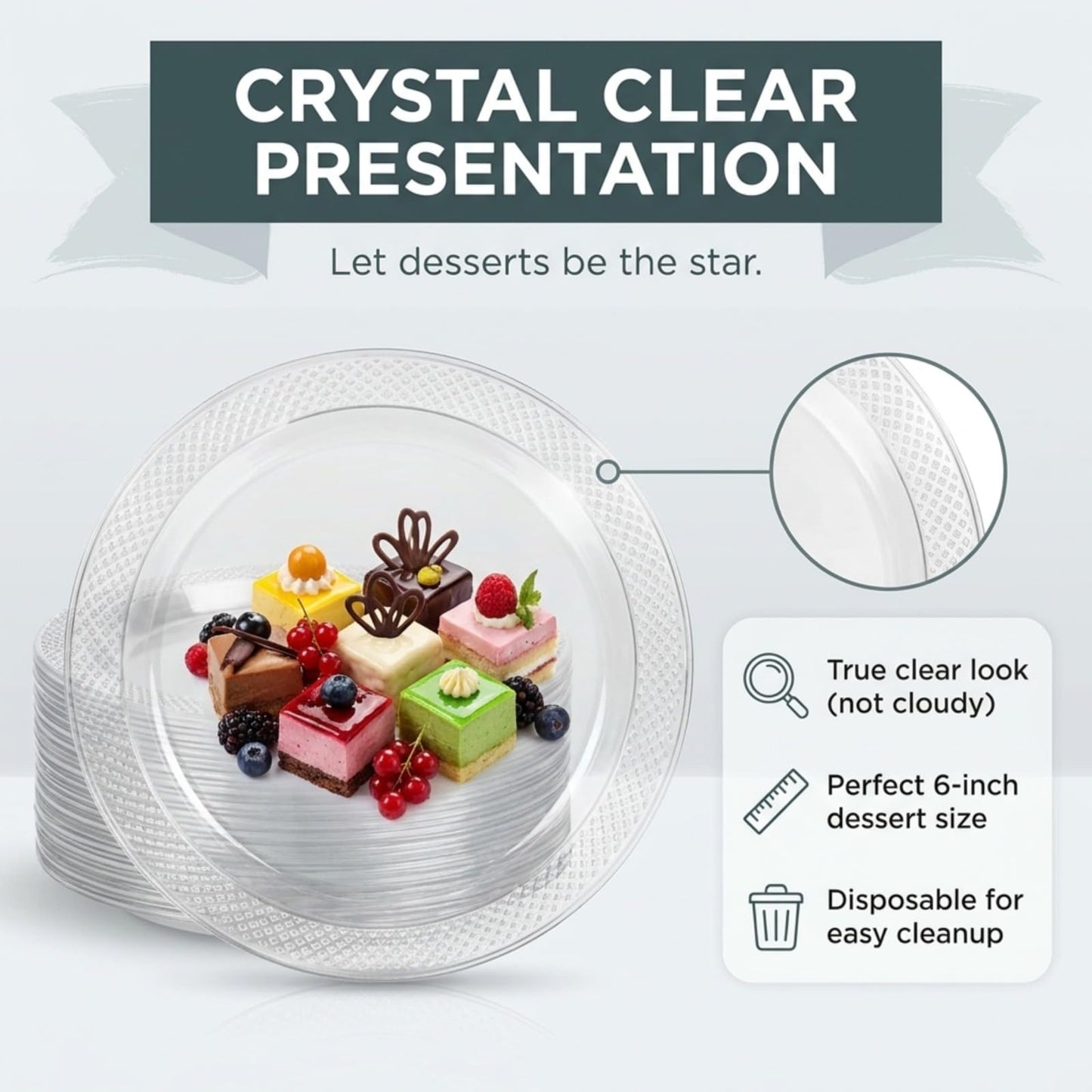 DEEZPOZ 6 Inch Clear Plastic Plates 100 Bulk Pack - Disposable Cake Plates for Dessert & Appetizers, BBQ, Party, Travel and Events,Recyclable (pack