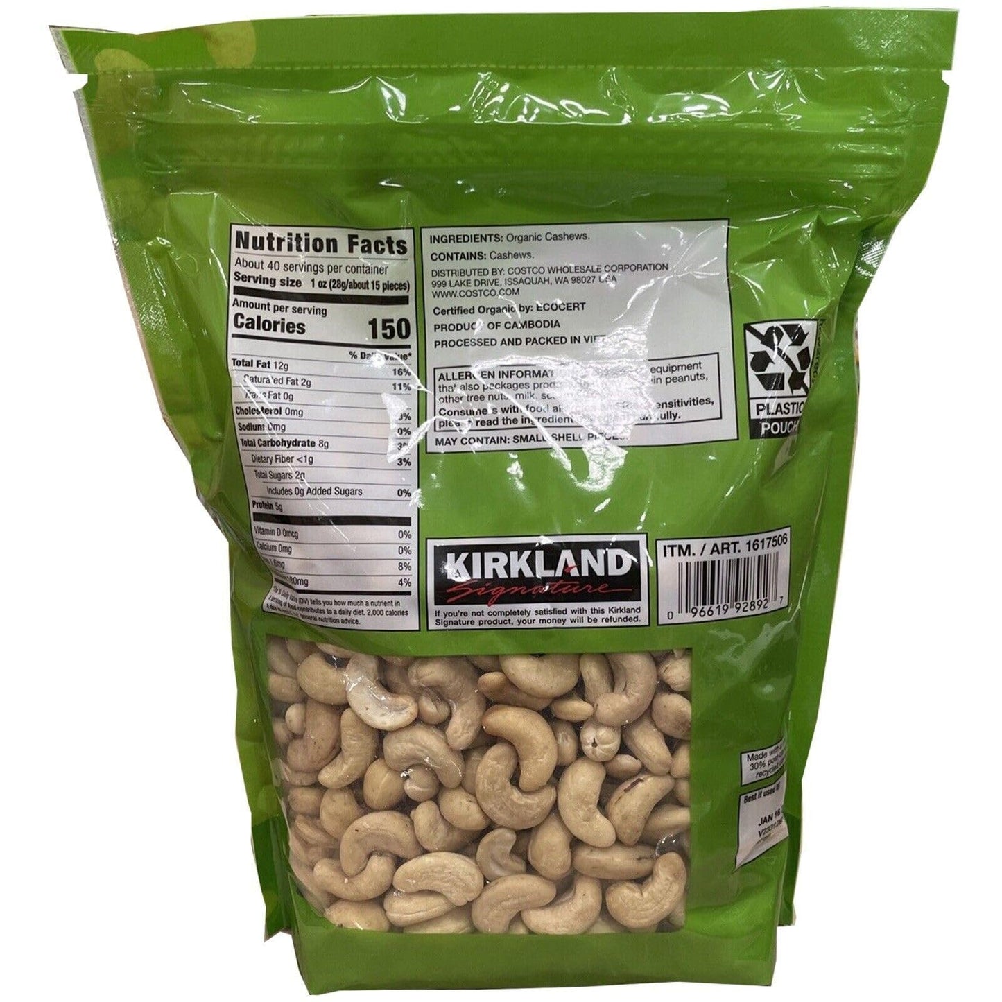 Kirkland Signatures Organic Whole Cashews Unsalted Unroasted - 2 Lb 8 Oz (2 Pack)