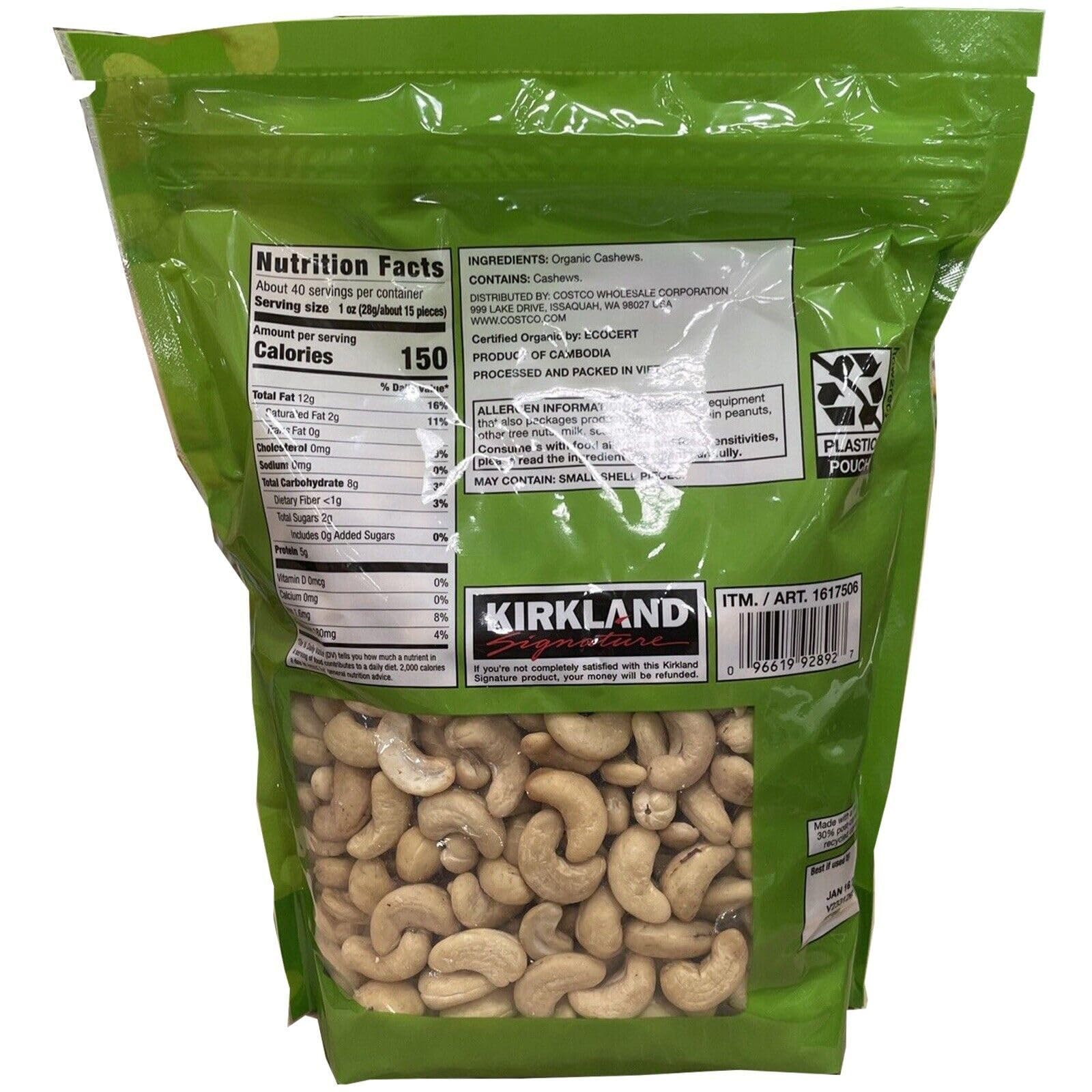 Kirkland Signatures Organic Whole Cashews Unsalted Unroasted - 2 Lb 8 Oz (2 Pack)