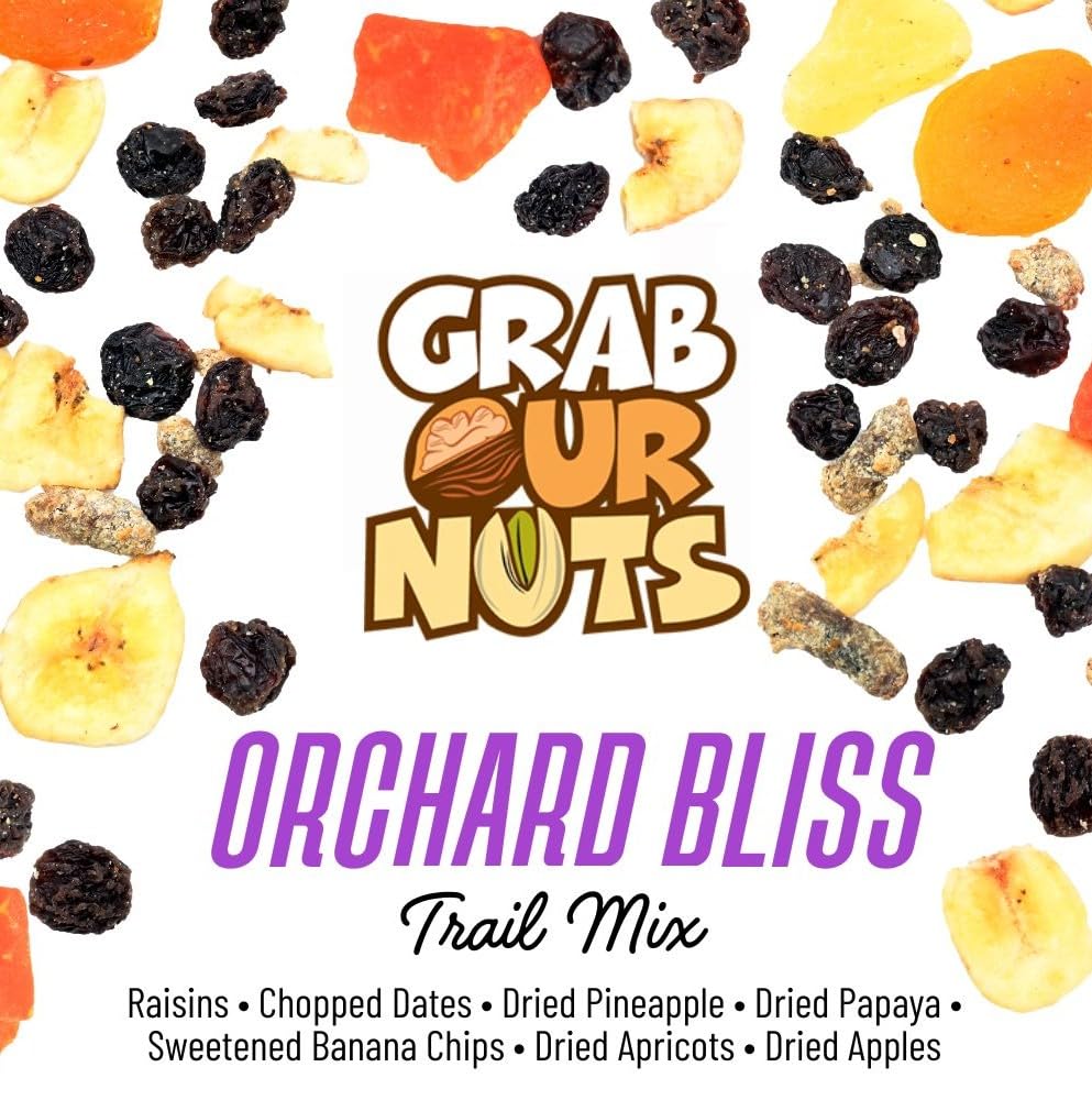 Grab Our Nuts Orchard Bliss Trail Mix 40 Ounce Jar: Raisins, Chopped Dates, Dried Pineapple, Dried Papaya, Sweetened Banana Chips, Dried Apricots