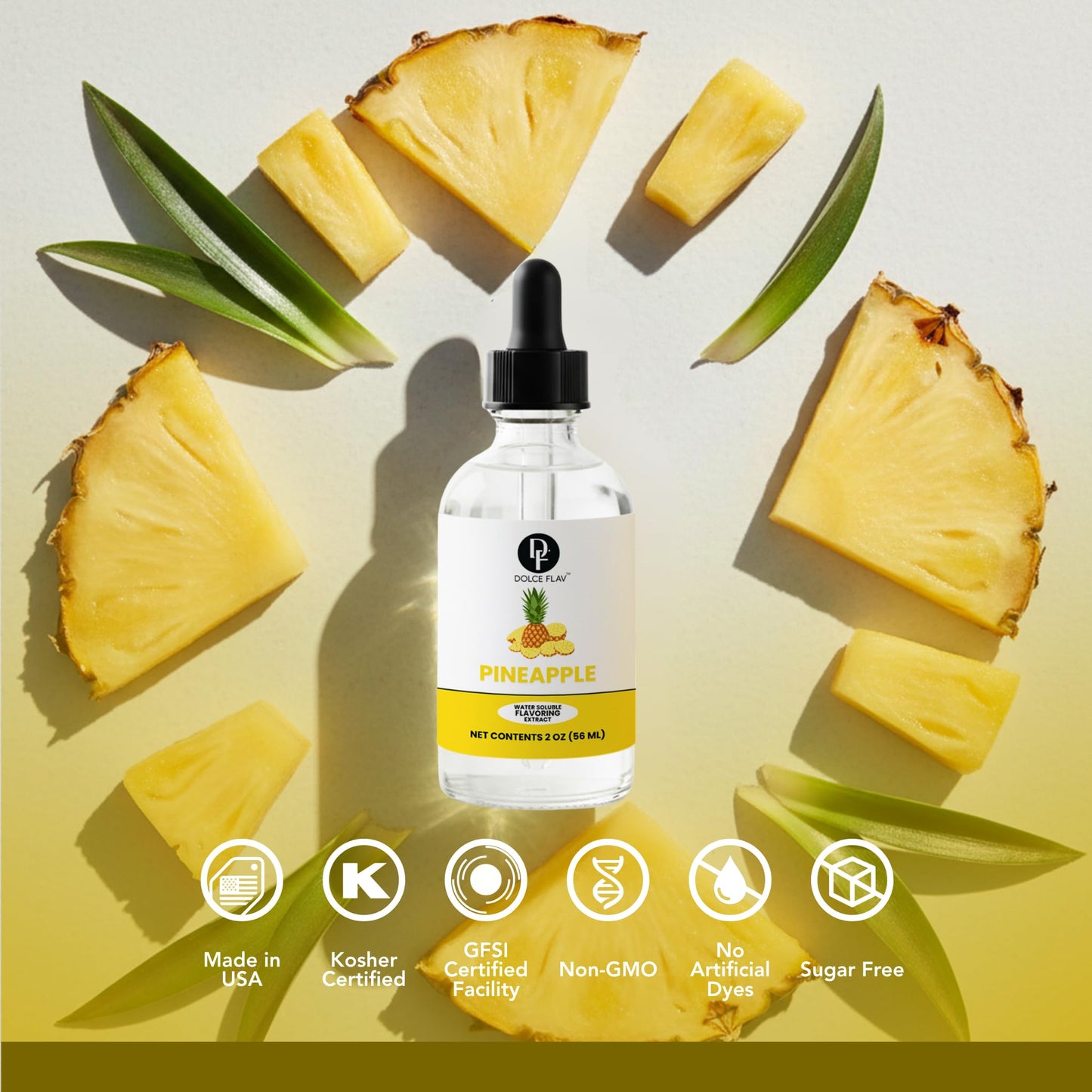 Dolce Flav Natural Pineapple Extract - 2 oz Water-Soluble Pure Pineapple Flavoring Drops for Baking, Drinks & Desserts | Highly Concentrated | Sugar