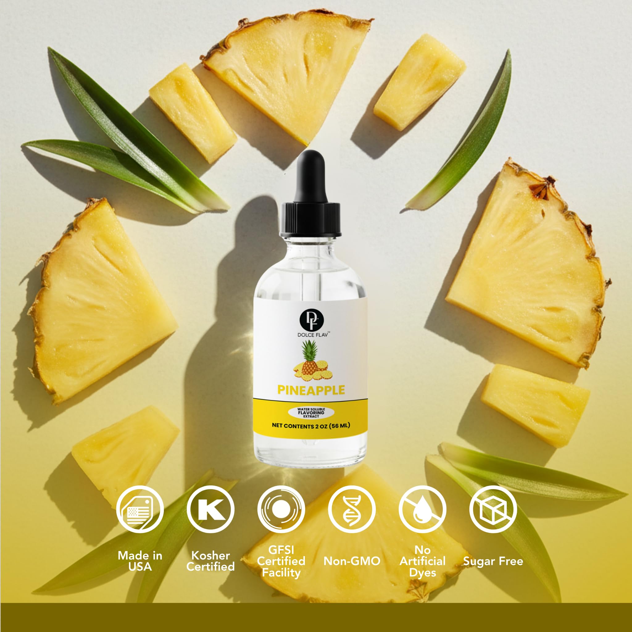 Dolce Flav Natural Pineapple Extract - 2 oz Water-Soluble Pure Pineapple Flavoring Drops for Baking, Drinks & Desserts | Highly Concentrated | Sugar