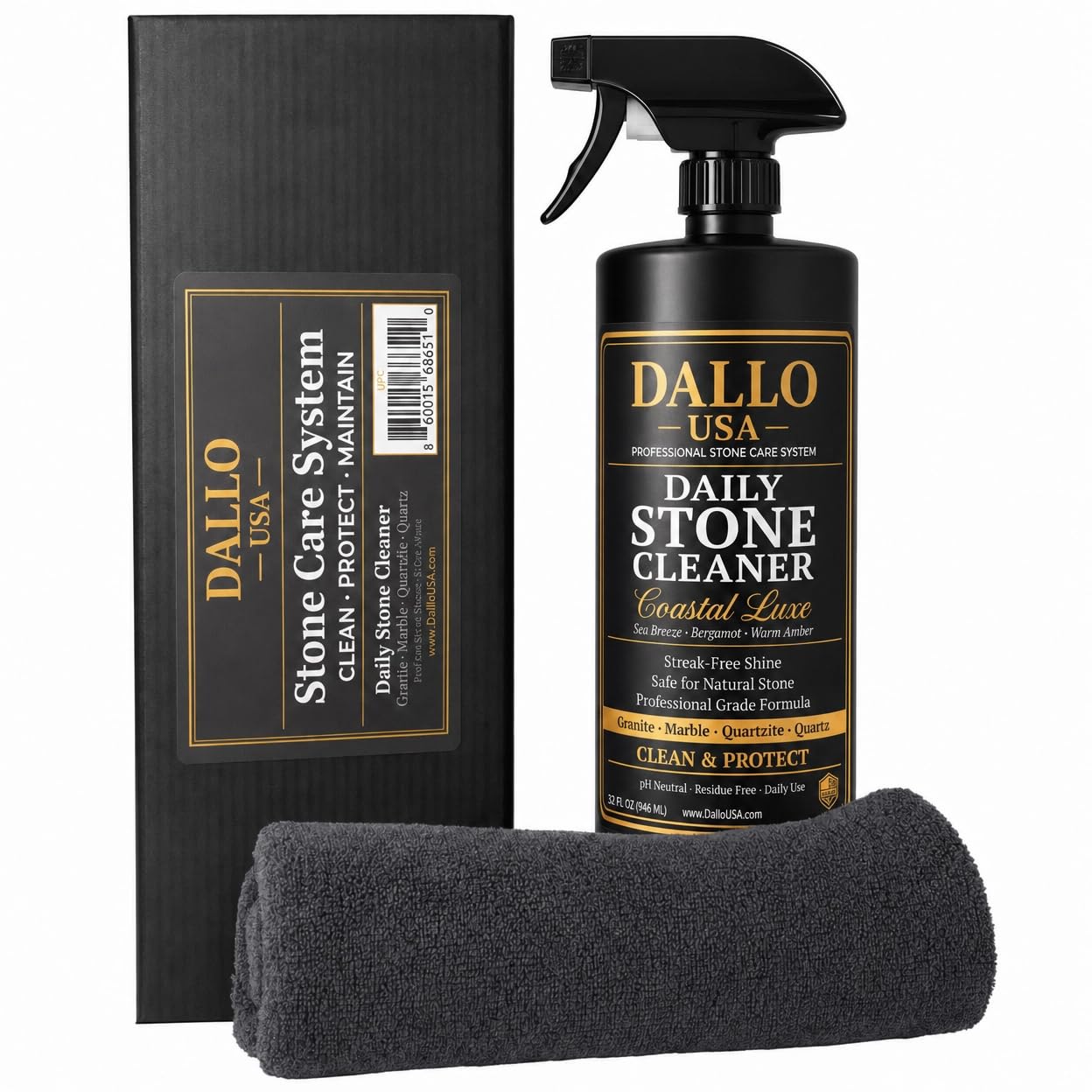 Dallo USA Daily Stone Cleaner 32 oz, Premium Streak Free Cleaner for Granite, Marble, Quartz, Quartzite and Porcelain, Includes Microfiber Cloth