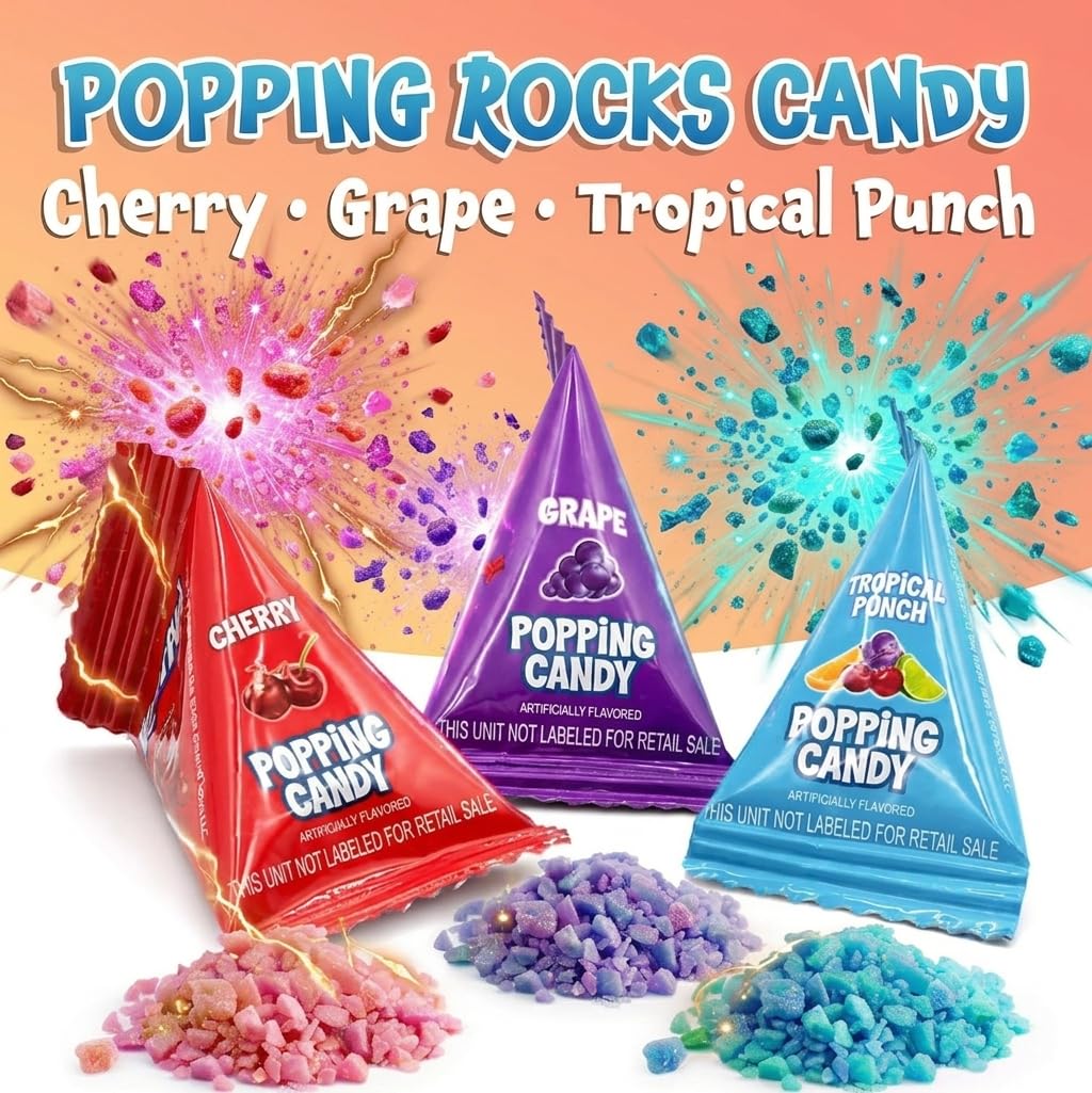 Popping Rocks Sweet Candy Mix 1 lb Bulk Bag | Approx. 125 Individually Wrapped Mini Packs | Cherry, Tropical Punch & Grape Flavors | Party Favors