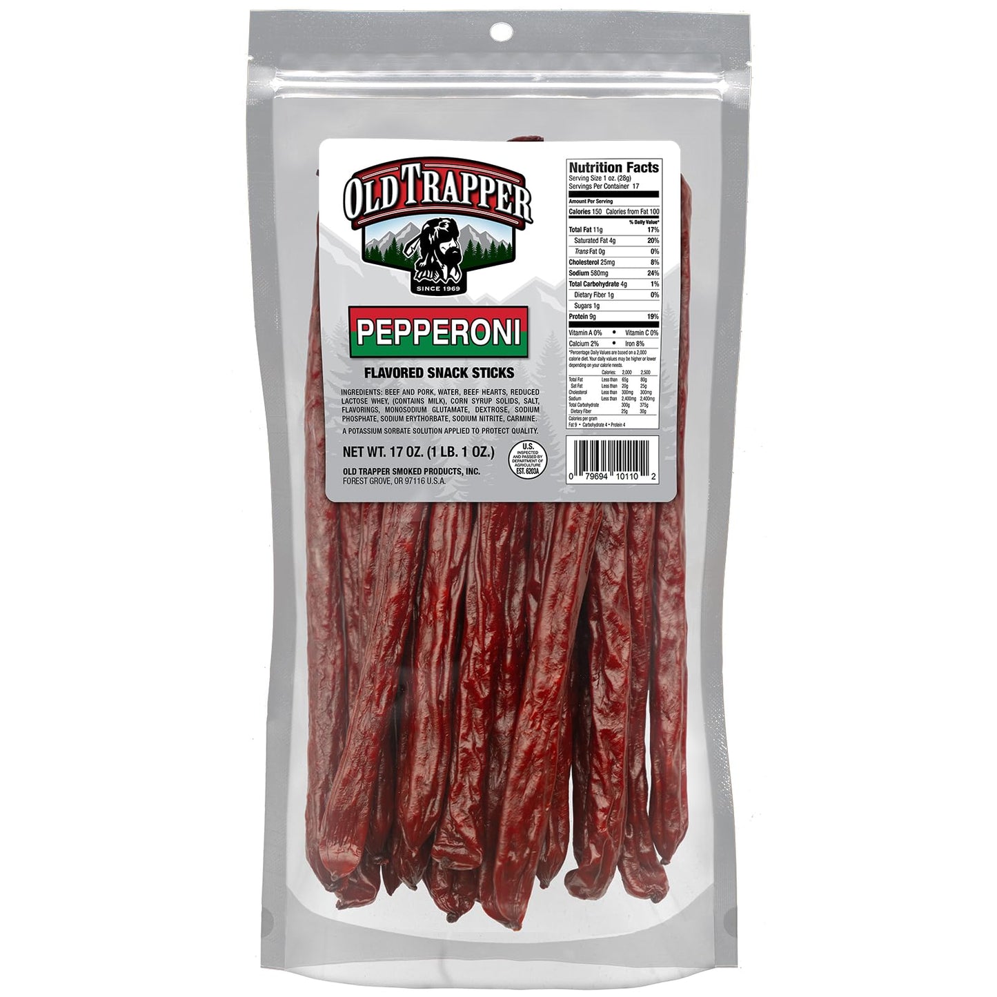 Old Trapper Pepperoni Snack Sticks, 17-Ounce Resealable Bag, Natural Wood Smoked Meat Sticks, 9 Grams of Protein and 150 Calories Per Ounce (Pack