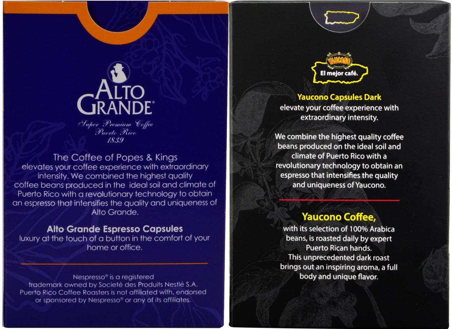 Alto Grande Caracolillo & Yaucono Dark Roast Coffee Capsules, Variety Pack, 36 Ct, Nespresso Original Line Compatible, Puerto Rico Single Serve