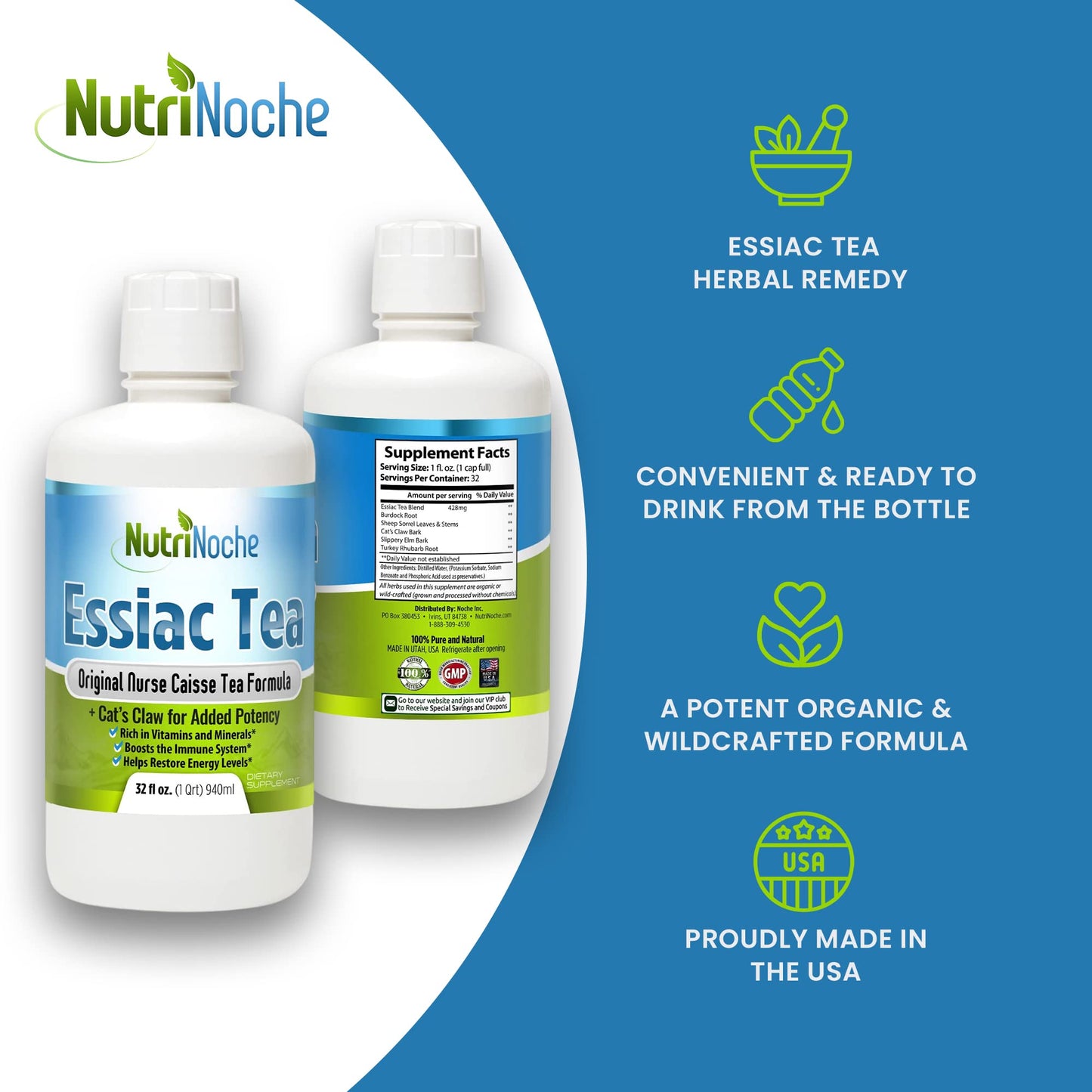 NutriNoche 5-Herb Essiac Tea - 32oz (30-Day Supply) - Ready to Drink Botanical Tonic with Organic Cat's Claw, Burdock Root, Sheep Sorrel, Slippery