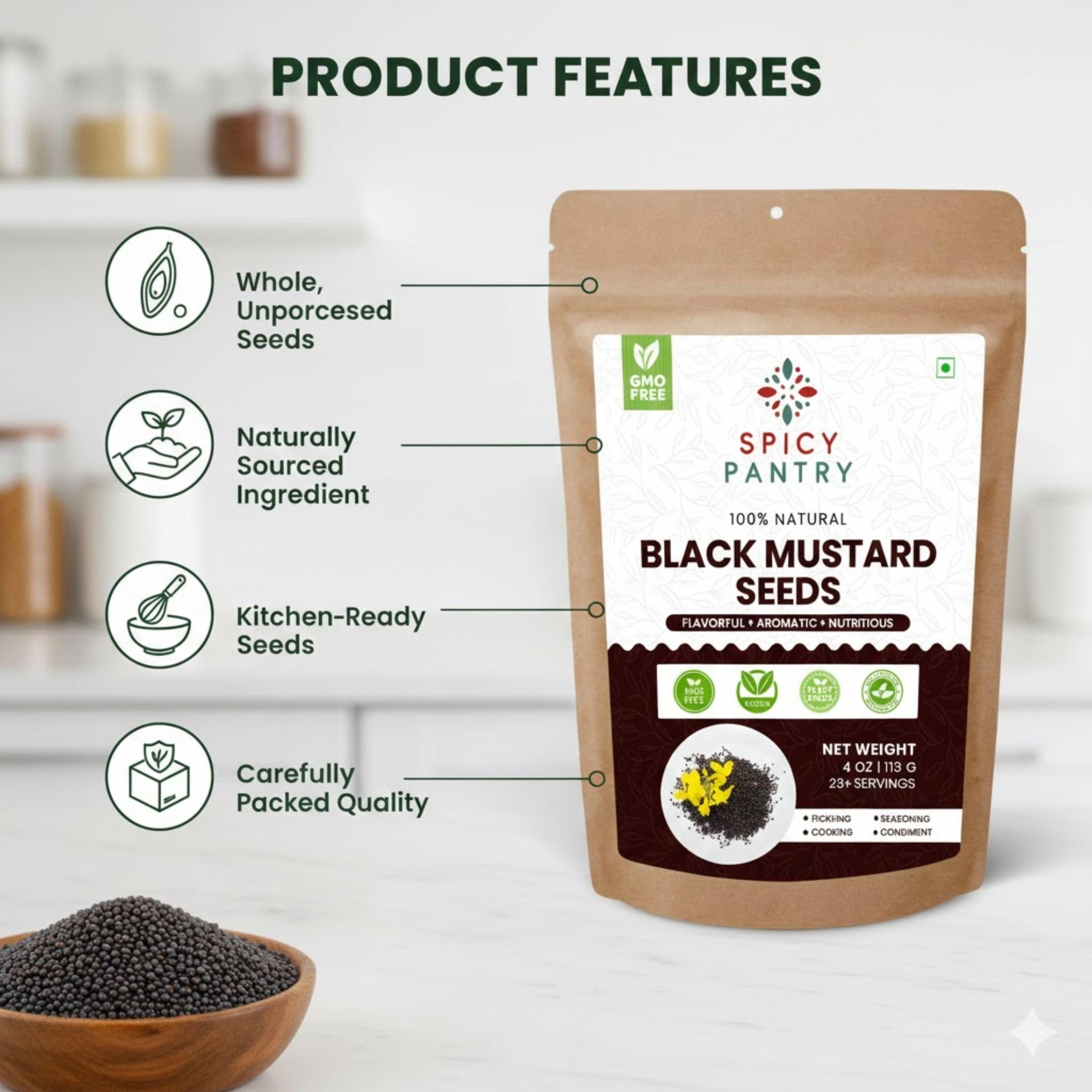 SPICY PANTRY Black Mustard Seeds 4 oz - Whole Spice for Curries, Pickles, Marinades, Spice Blends & Tempering - Non-GMO, Gluten Friendly, Bold
