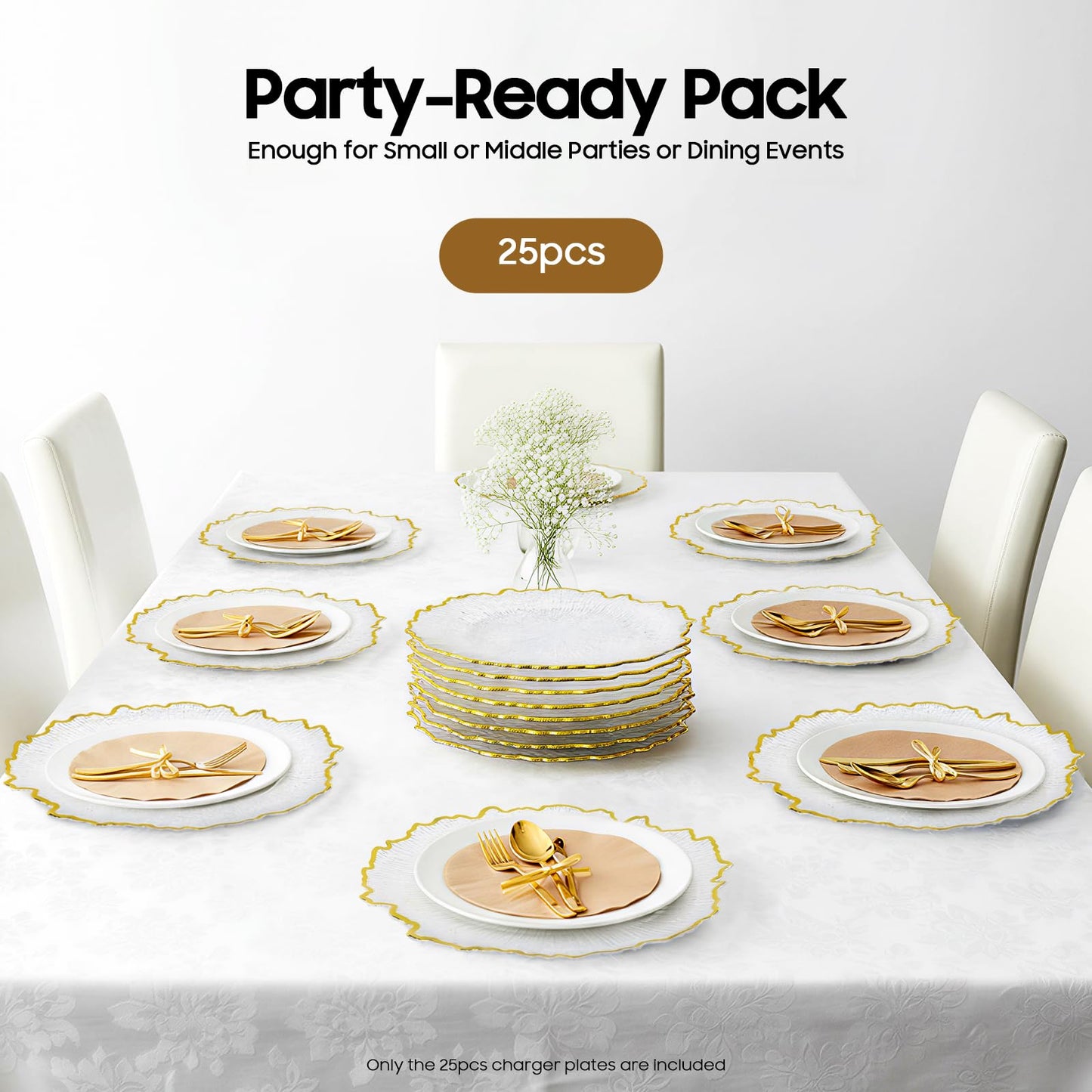 Tiozuiu 25PCS Plastic Paper Plates Set for Party, Clear Charges Plates Desechables Elegant for Dinner, 12.6Inch Wedding Plastic Plates for Event