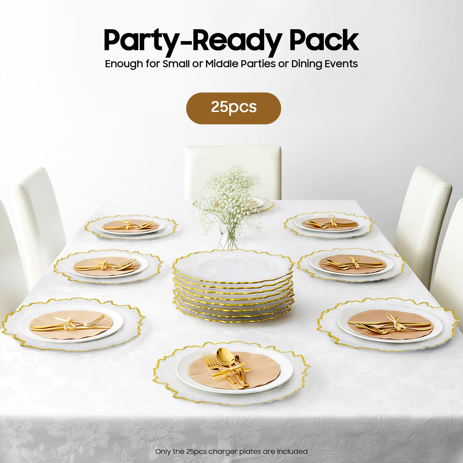 Tiozuiu 25PCS Plastic Paper Plates Set for Party, Clear Charges Plates Desechables Elegant for Dinner, 12.6Inch Wedding Plastic Plates for Event