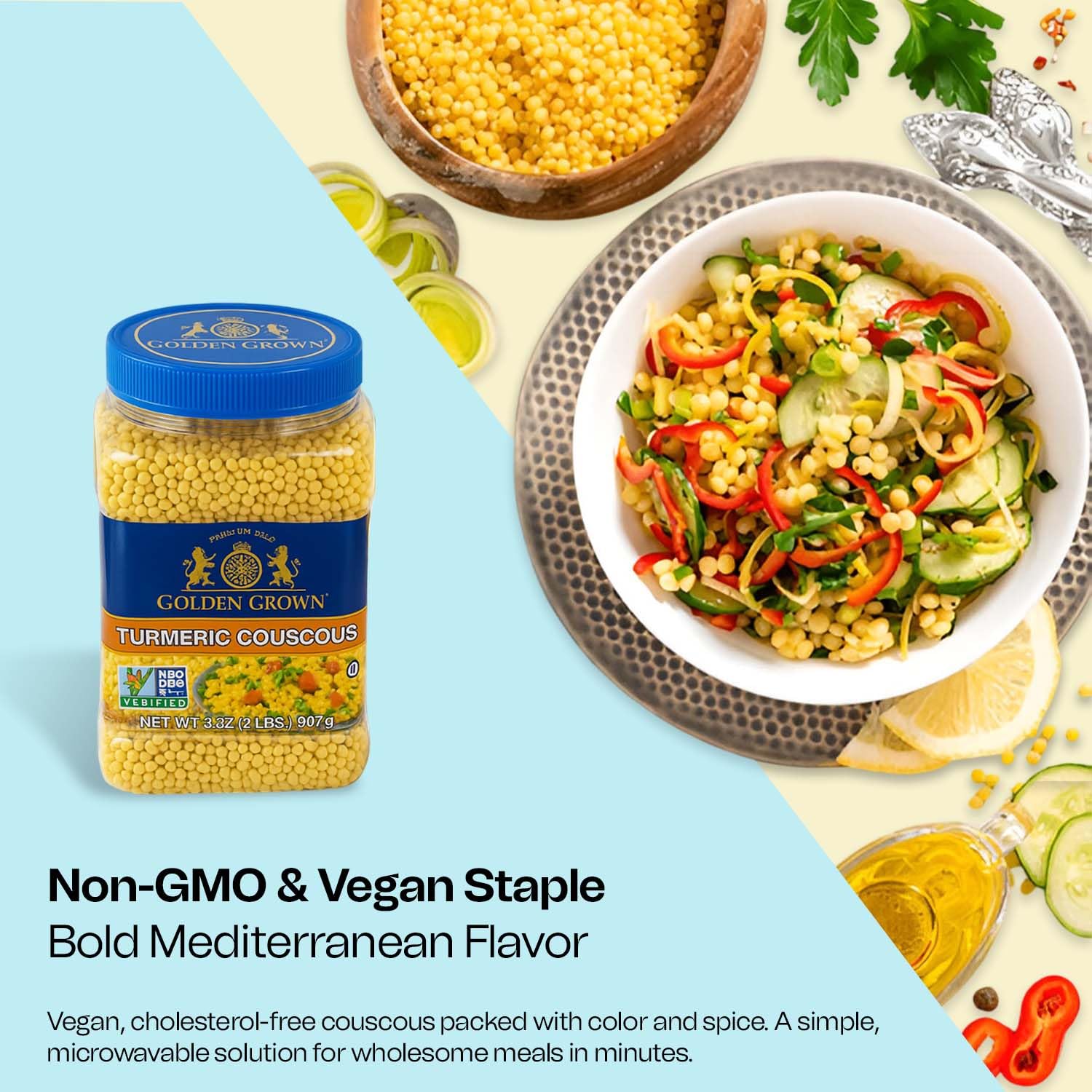 Golden Crown Premium Turmeric Couscous - 32 oz (2Lb) | Microwavable Meals Turmeric Couscous | Premium Quality Non GMO Project Verified | Natural Soups Side Dishes Mediterranean | Having No Cholesterol Vegan