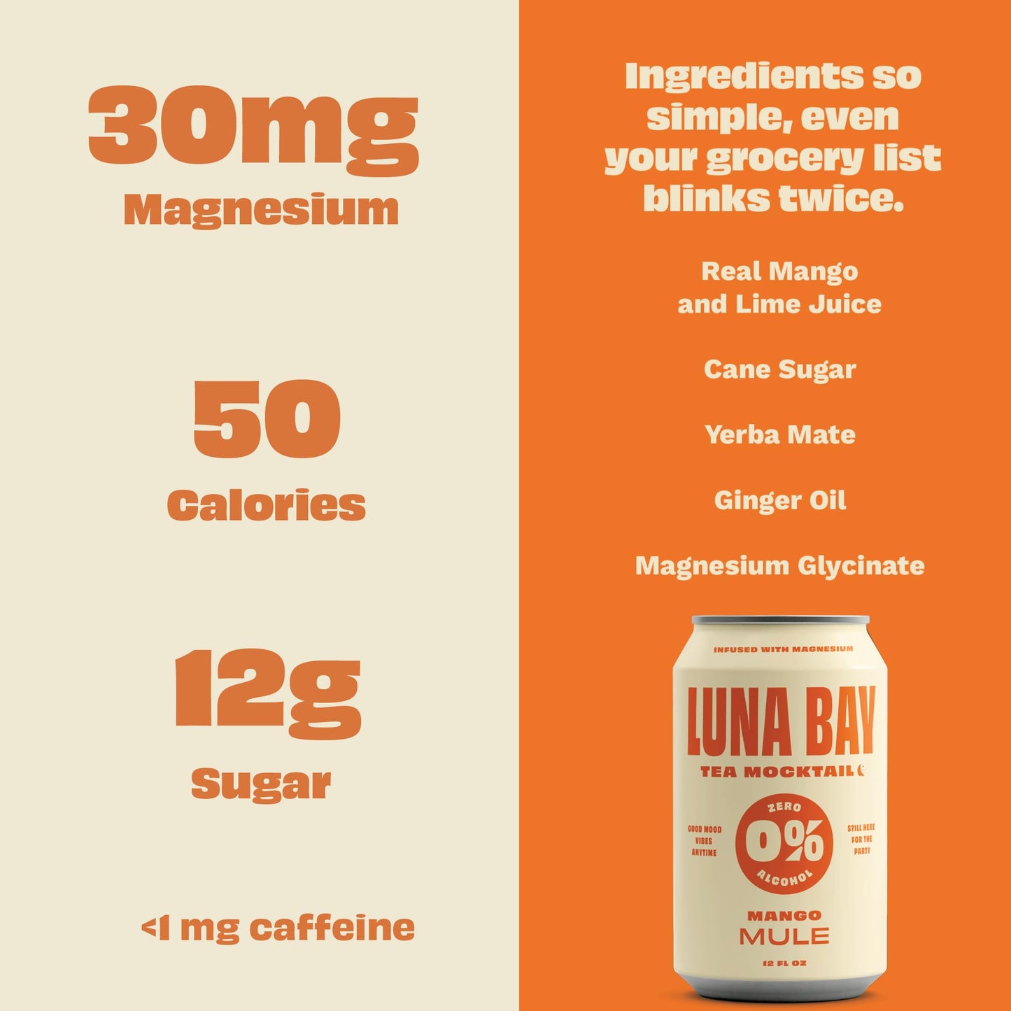 Luna Bay Zero Percent Tea Mocktail - Sparkling Tea Non-Alcoholic Beverage with Yerba Mate & Magnesium Glycinate, Vegan, Low Sugar, Non-GMO and Gluten