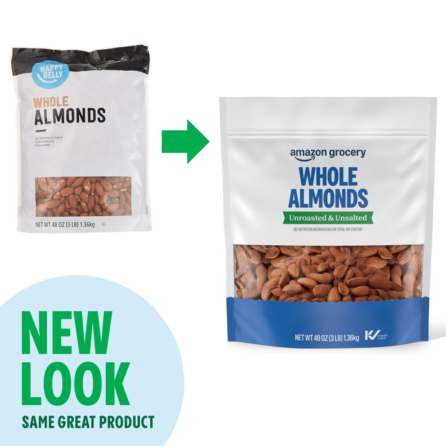 Amazon Grocery, Whole Almonds, Unroasted & Unsalted, 48 Oz (Previously Happy Belly, Packaging May Vary)
