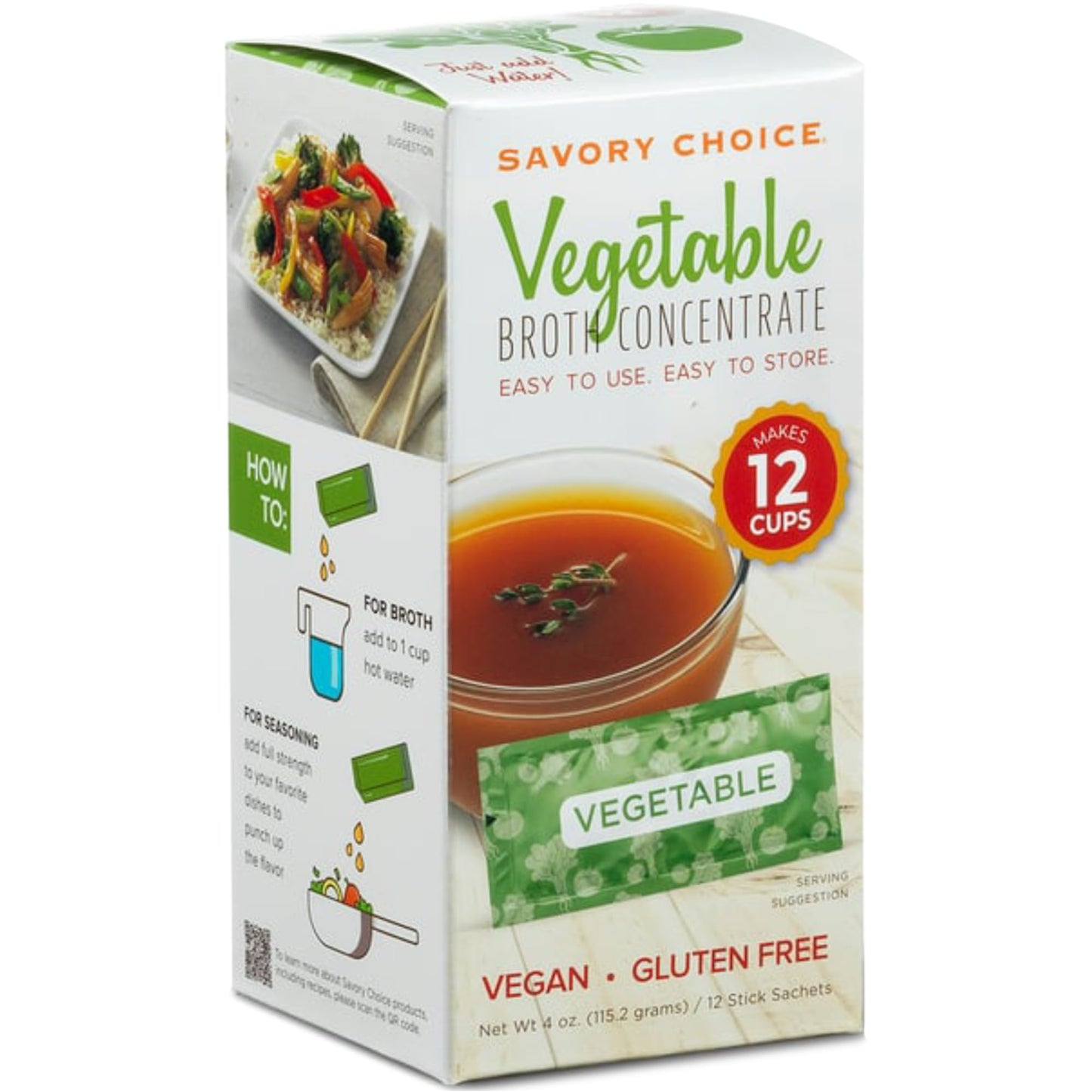 SAVORY CHOICE Vegetable Broth Concentrate, 1 Box of 12 Packets (9.6g) - Vegan, Vegetarian, Gluten-Free, Diary-Free Broth Concentrate