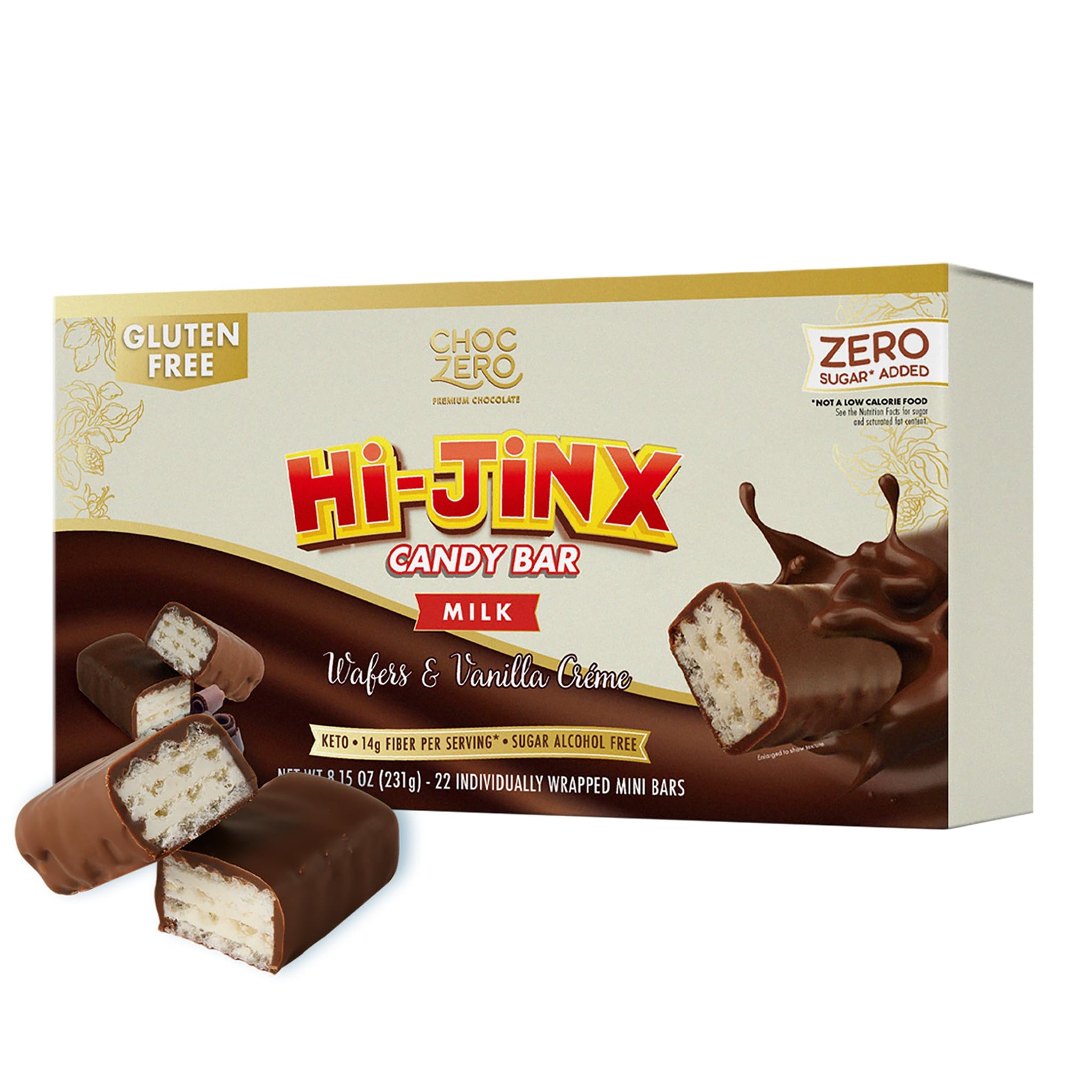 ChocZero Hi-Jinx Milk Chocolate Wafer Bars - Gluten Free, No Sugar Added, Keto Candy Bar with Vanilla Crème, 22 Individually Wrapped Minis, 8.15 oz