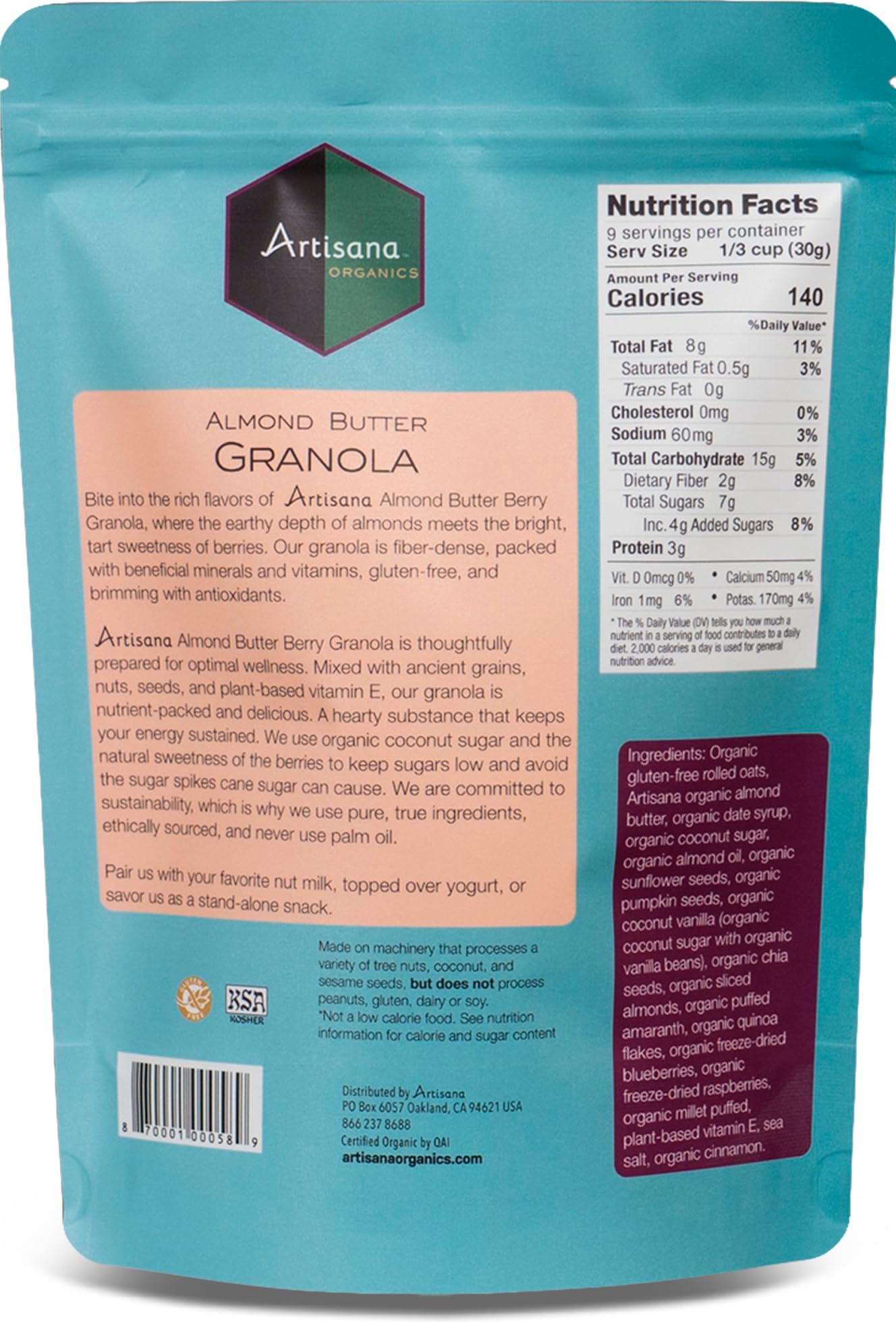 Artisana Organics Almond Granola - Gluten-Free, Vegan, Low Glycemic, Organic, Palm Oil-Free, Ancient Grains with Plant-Based Vitamin E, 10 oz