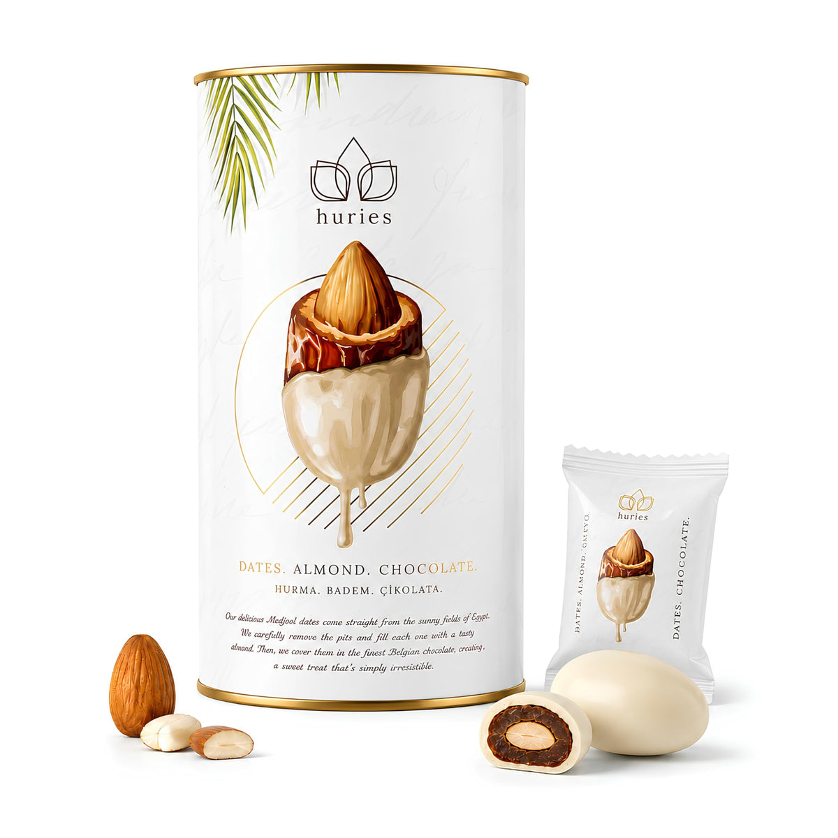 Huries White Chocolate Covered Dates with Almonds, Individually Wrapped Gourmet Stuffed Date Candy, Turkish Dessert Snack, 200 g