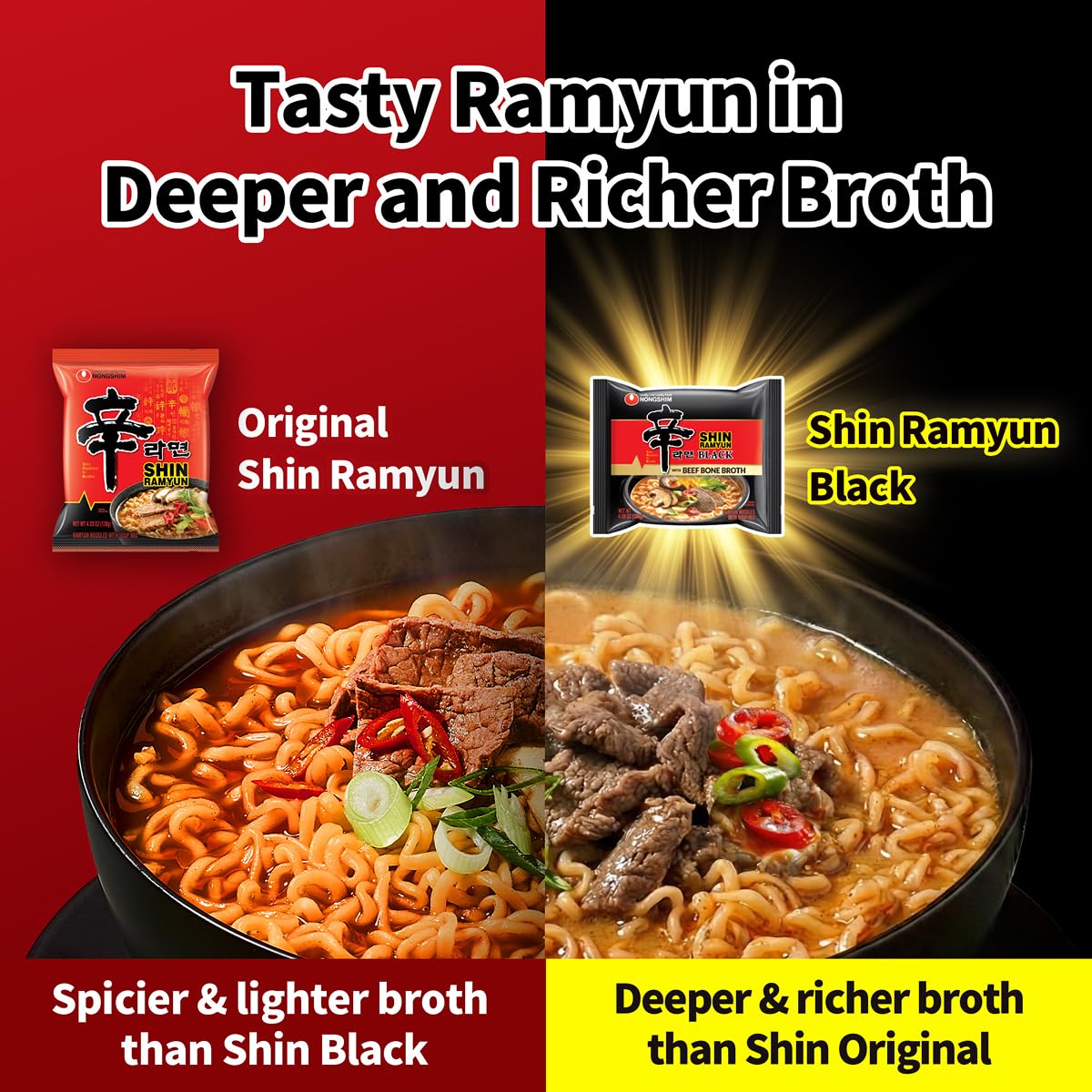 Nongshim Shin Ramyun Black Noodles, Spicy Korean Signature Instant Ramyun, Rich Beef Bone Broth, Pantry Essential Korean Noodles, Quick and Easy, 4.58