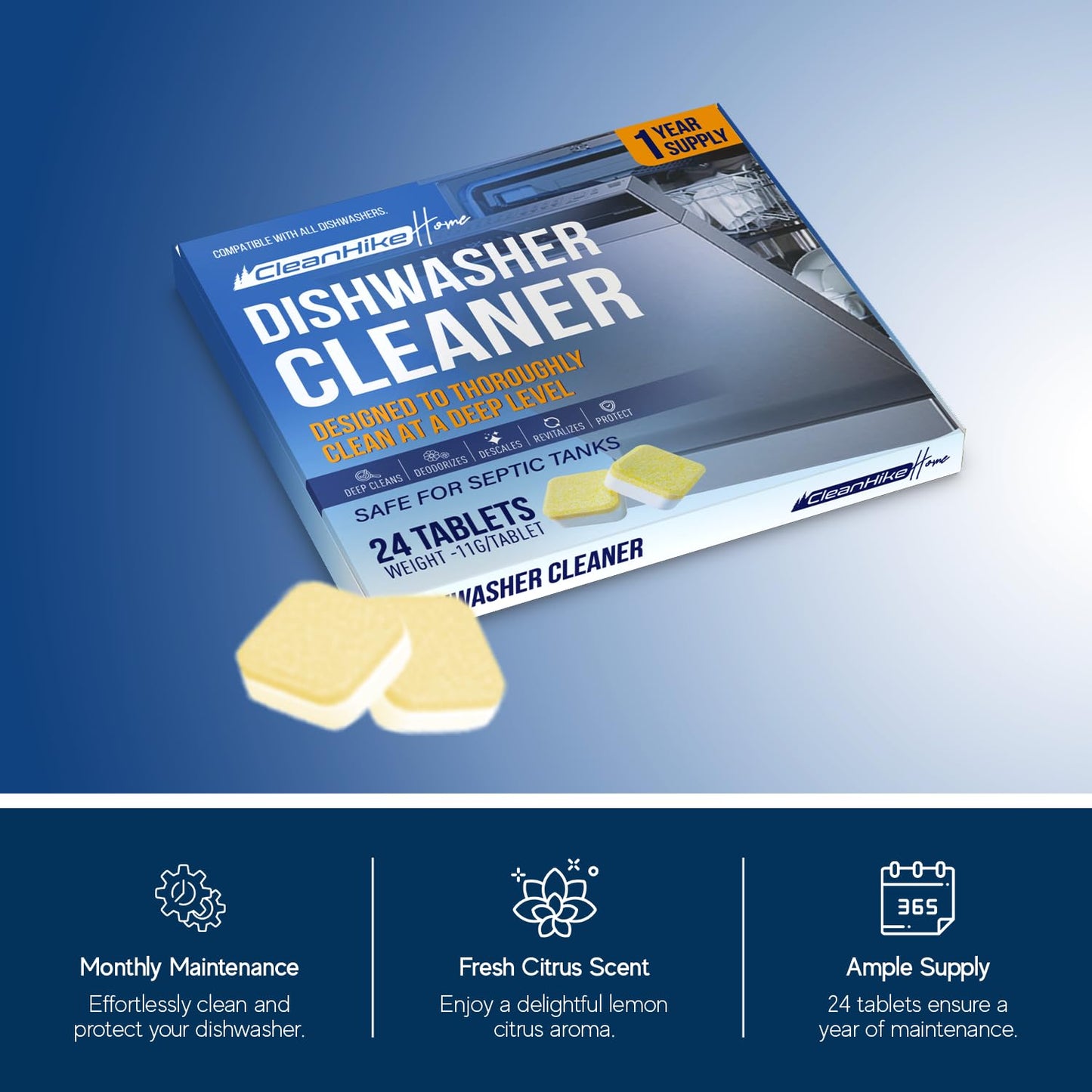 Dishwasher Cleaner Tablets - 24 Pack Dishwasher Cleaner and Deodorizer for Hard Water, Limescale, Calcium Buildup, Grease & Odors - Septic Safe Citric