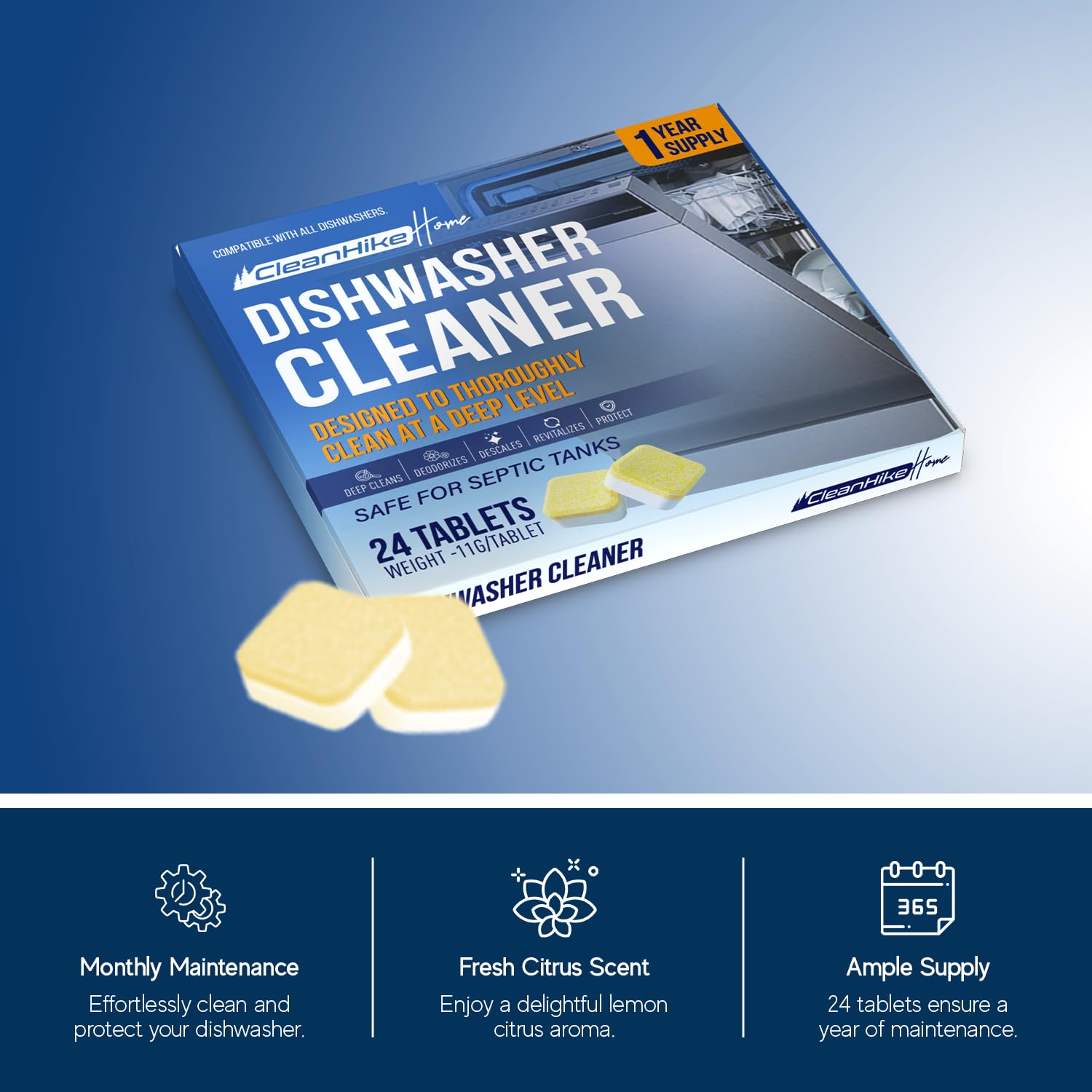 Dishwasher Cleaner Tablets - 24 Pack Dishwasher Cleaner and Deodorizer for Hard Water, Limescale, Calcium Buildup, Grease & Odors - Septic Safe Citric