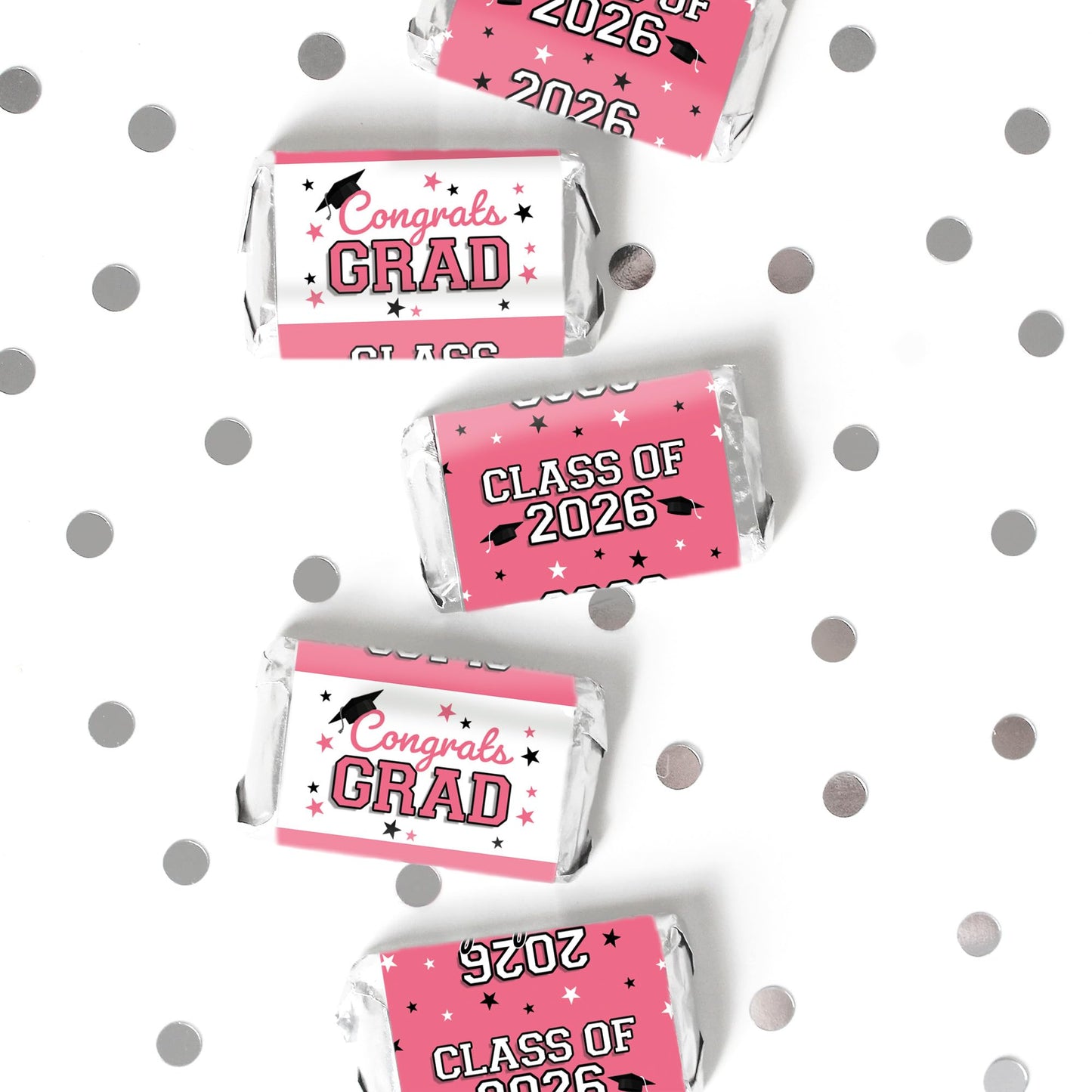 DISTINCTIVS Pink Class of 2026 Graduation Mini Candy Bar Wrappers, 42 Count