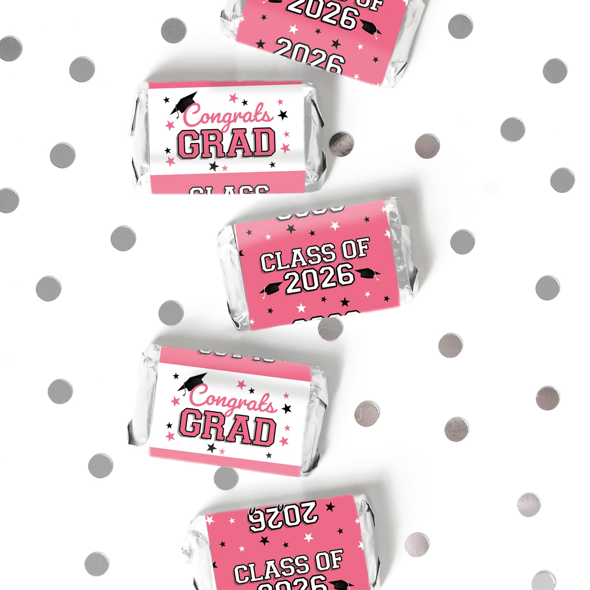 DISTINCTIVS Pink Class of 2026 Graduation Mini Candy Bar Wrappers, 42 Count