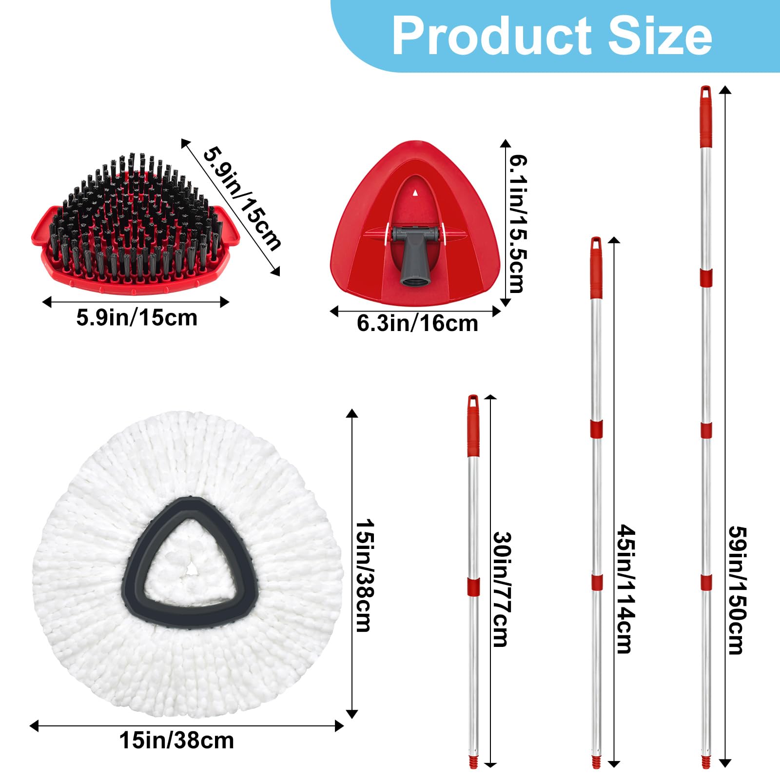 Spin Mop Handle, Mop Replacement Head,Brush,Base Compatible with OCedar EasyWring 1 Tank,2 Microfiber Mop Refills,1 Mop Base,1 Brush and 30-58" Mop