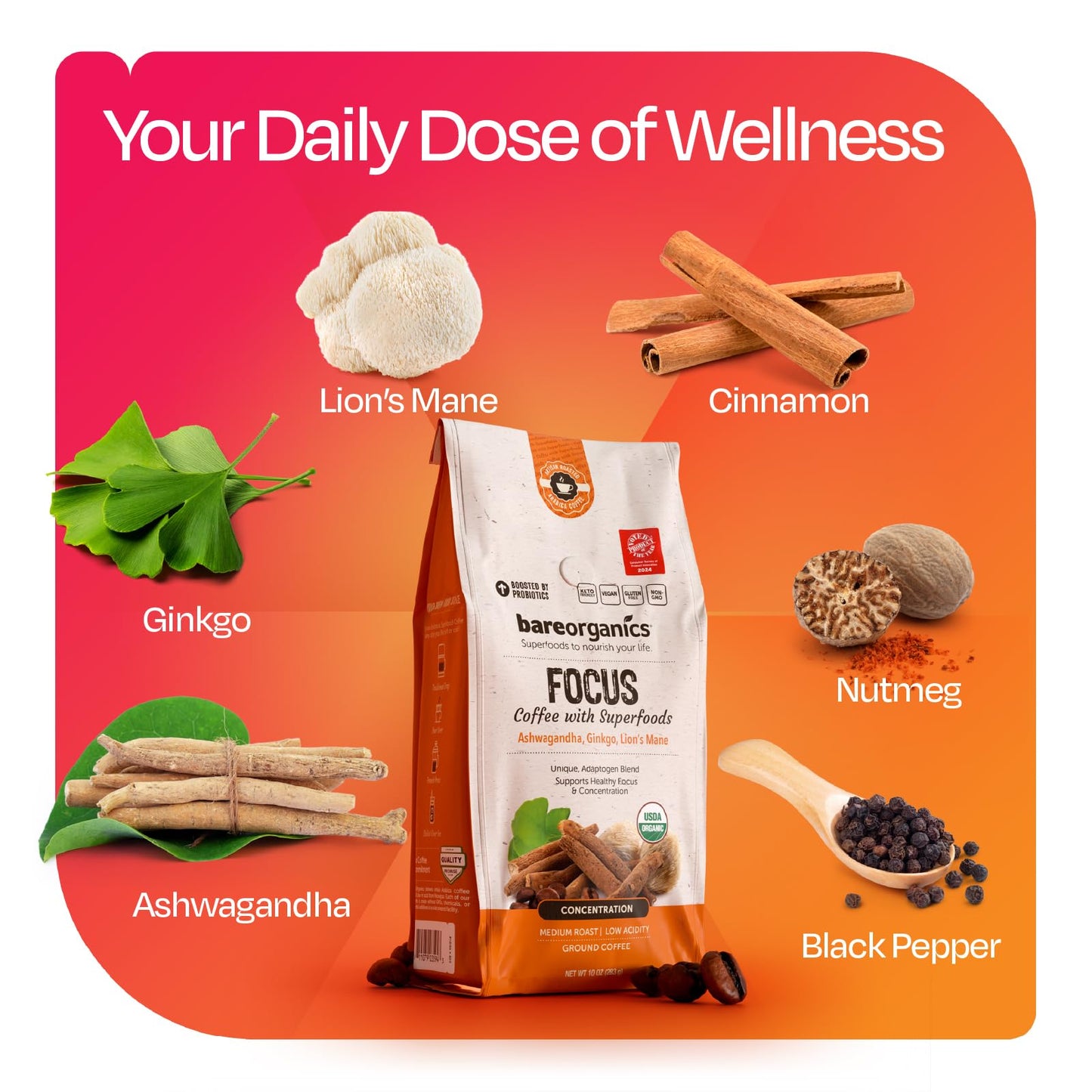 Focus Coffee with Superfoods - Organic Probiotic Mushroom Ground Bagged Coffee, Supports Healthy Focus & Digestion, Infused with Ashwagandha, Lion's