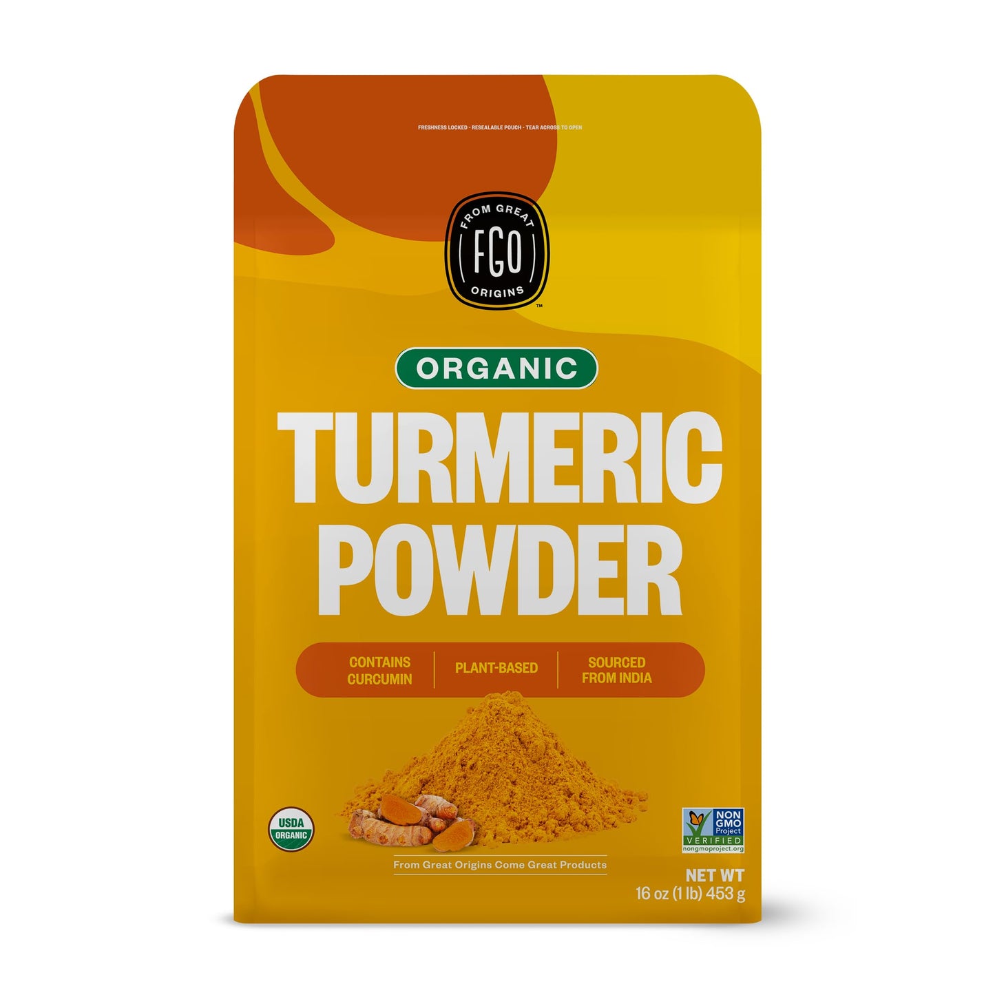FGO Organic Turmeric Powder w/Curcumin, 1 Pound / 16oz Bulk Resealable Pouch, USDA Organic and Non-GMO, Sourced from India, Packaging May Vary (Pack