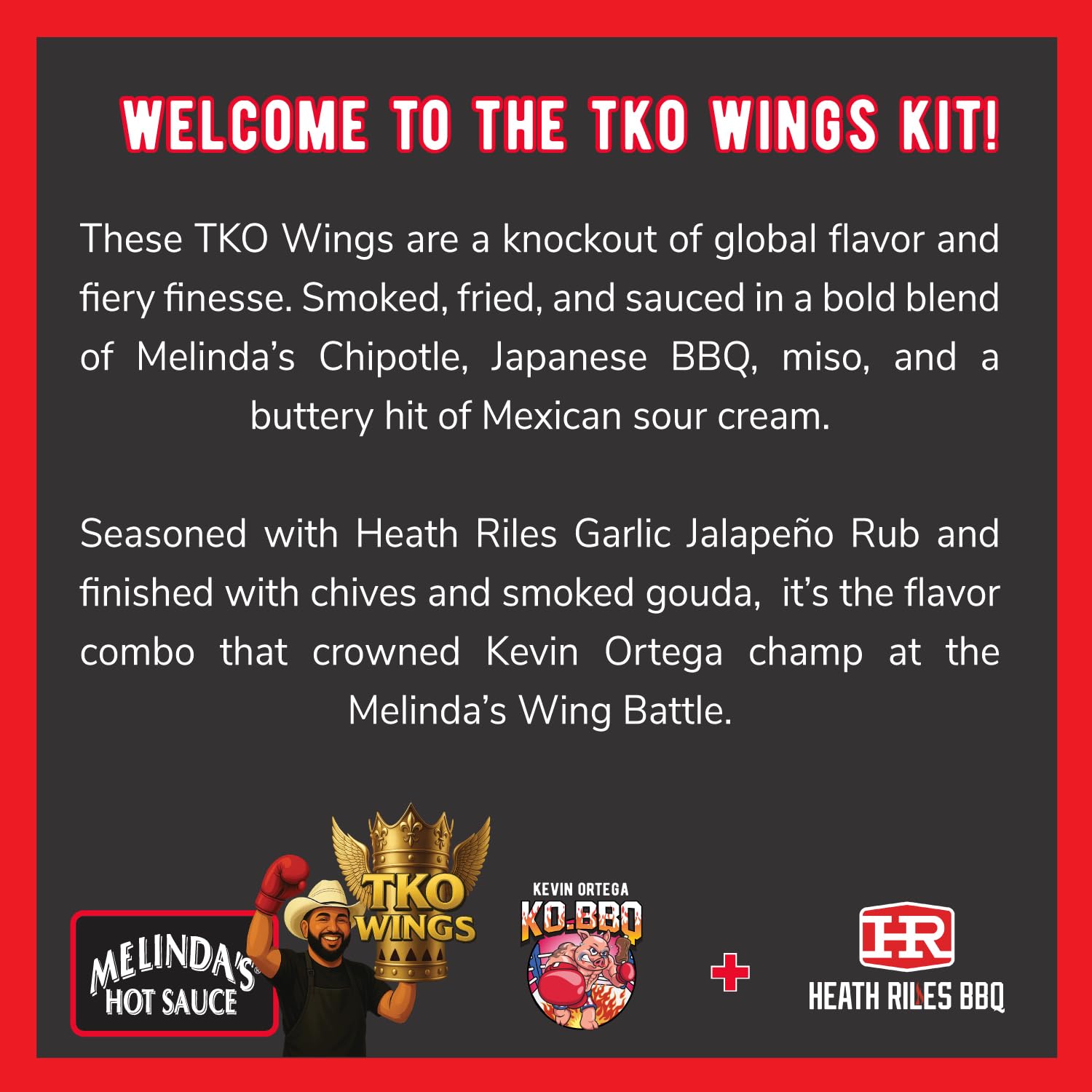 Melinda’s TKO Wing Recipe Kit - Championship Flavor Set with Japanese BBQ Sauce, Chipotle Pepper Sauce, Heath Riles Garlic Jalapeño Rub, and Recipe