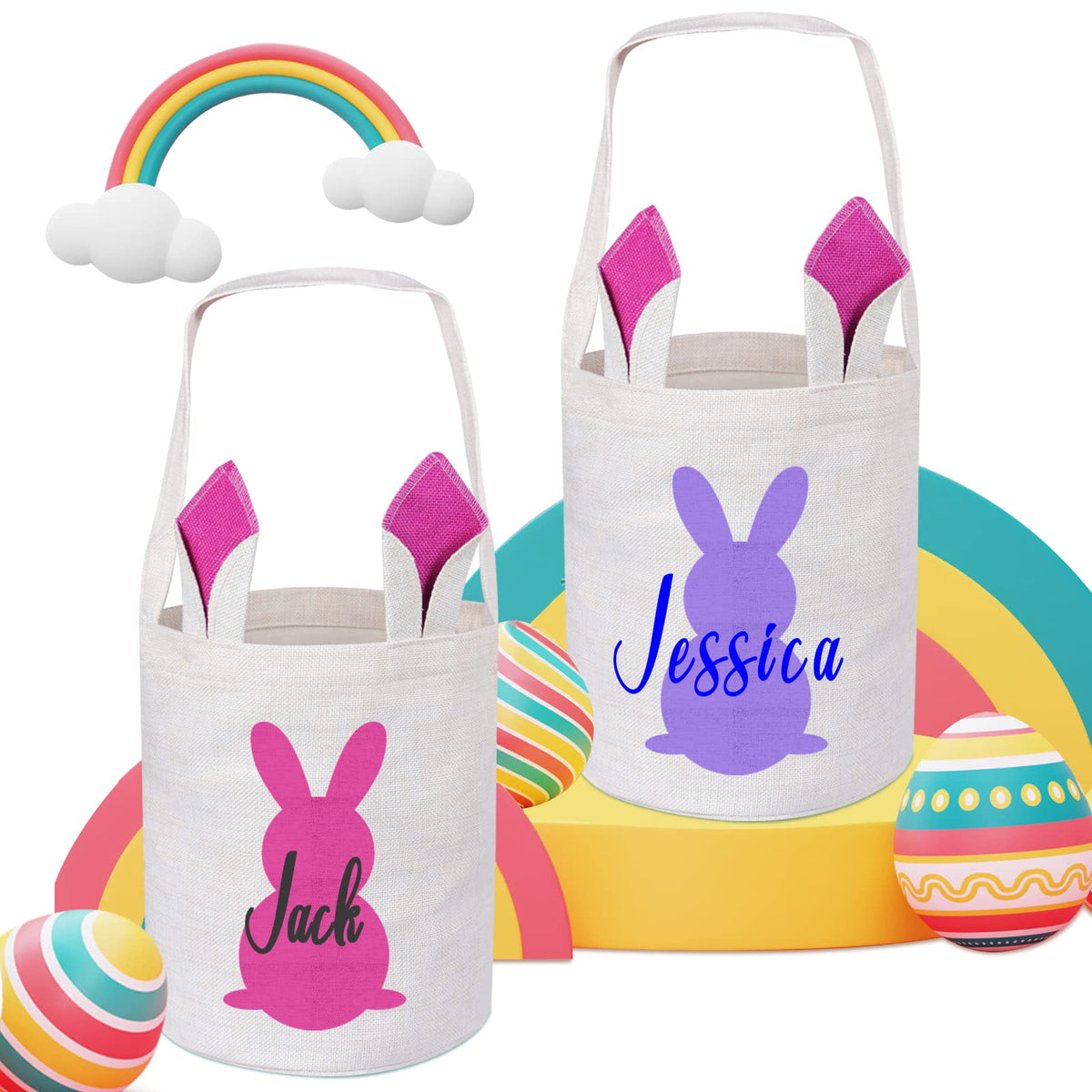 Touber 2 Pack Personalized Easter Basket, Easter Bunny Basket with Ears Easter Baskets for Girls Boys Easter Eggs Hunt Baskets for Kids Personalized