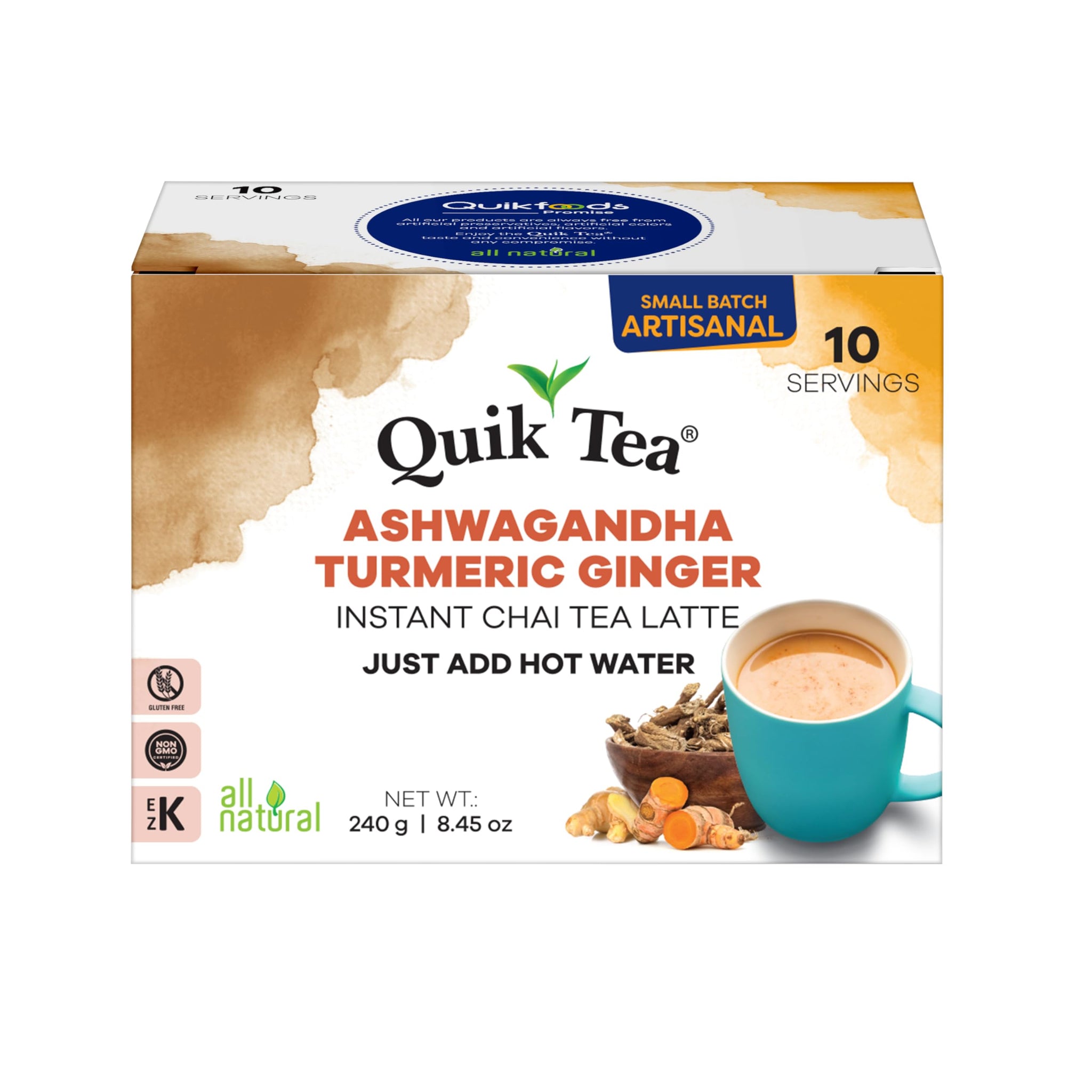 QuikTea Instant Ashwagandha Turmeric Ginger Chai Tea Latte, 10 Single-Serve Sachets, Artisanal Indian Chai Latte Mix, Just Add Hot Water, Low