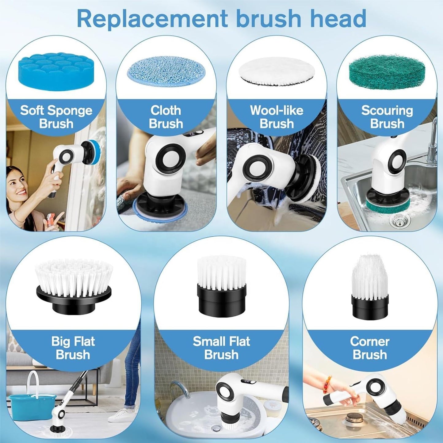 Electric Spin Scrubber, Electric Cleaning Brush, Multifunctional 360 Automatic Rotation Cordless Spin Scrubber with 7 Replaceable Brush Heads