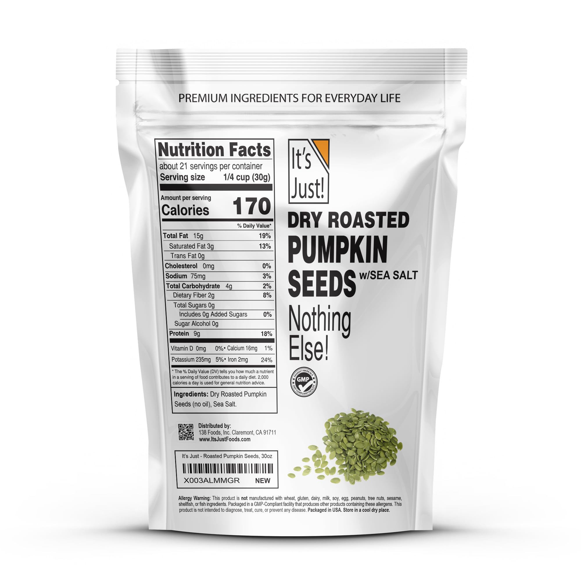It's Just - Pumpkin Seeds (Pepitas), No Shell, Keto Friendly Snacking, Non-GMO, Packed in USA (Dry Roasted/Sea Salted, 30 Ounce)