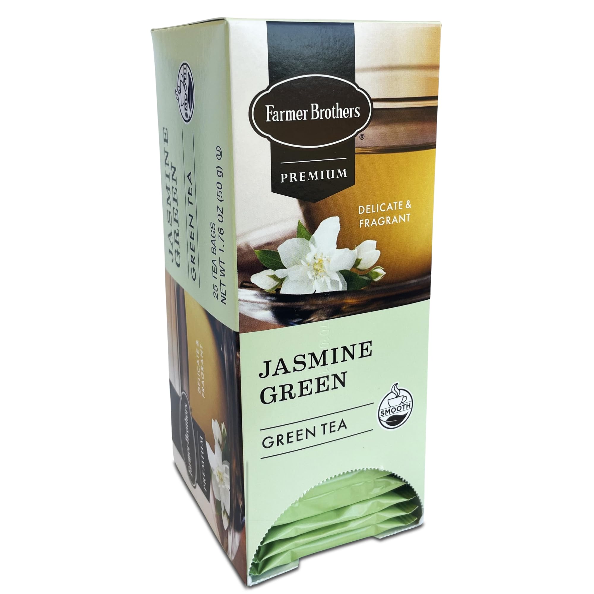 Farmer Brothers Premium Jasmine Green Tea, 25 Individually Wrapped Tea Bags - Smooth, Fragrant, Gluten-Free, Kosher Certified, Naturally Sweet