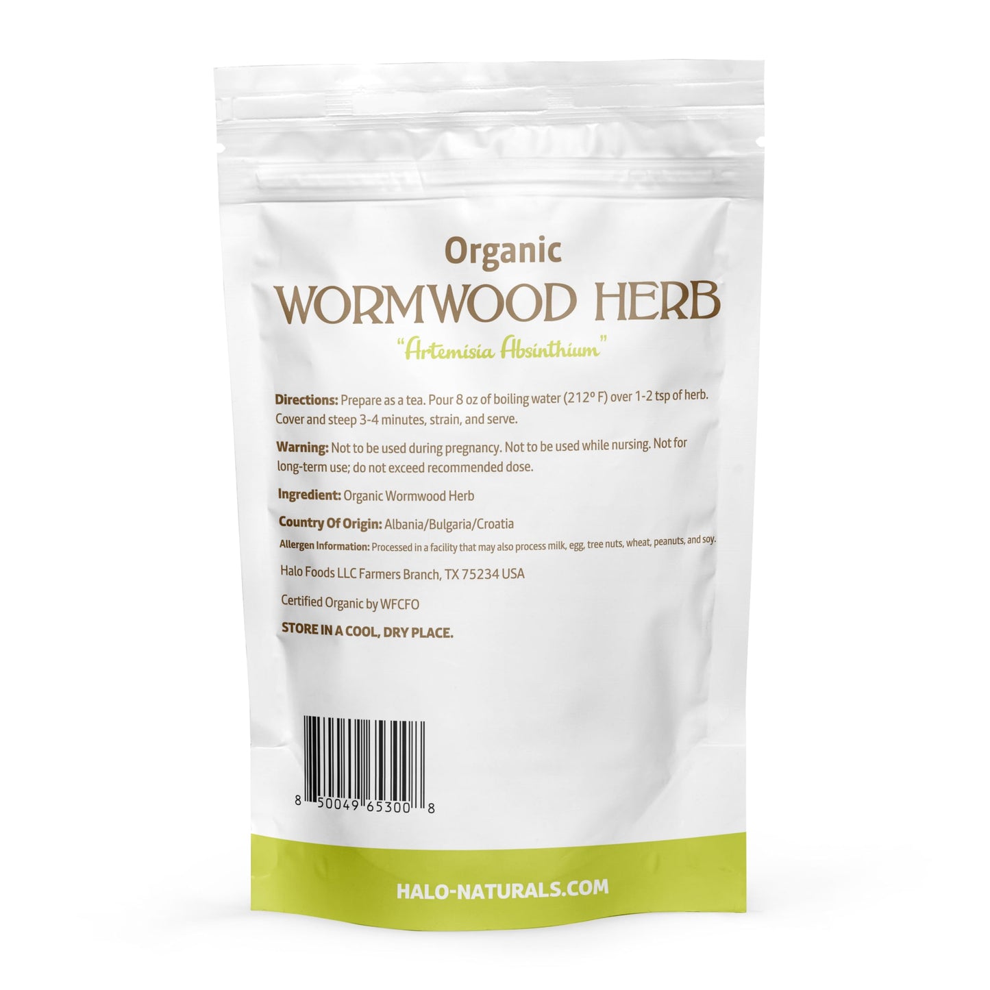 Halo Naturals Organic Wormwood Herb Cut & Sifted, 4 Ounces (Artemisia Absinthium) USDA Certified Wormwood Tea | Non-GMO | Vegan| Resealable Pouch|