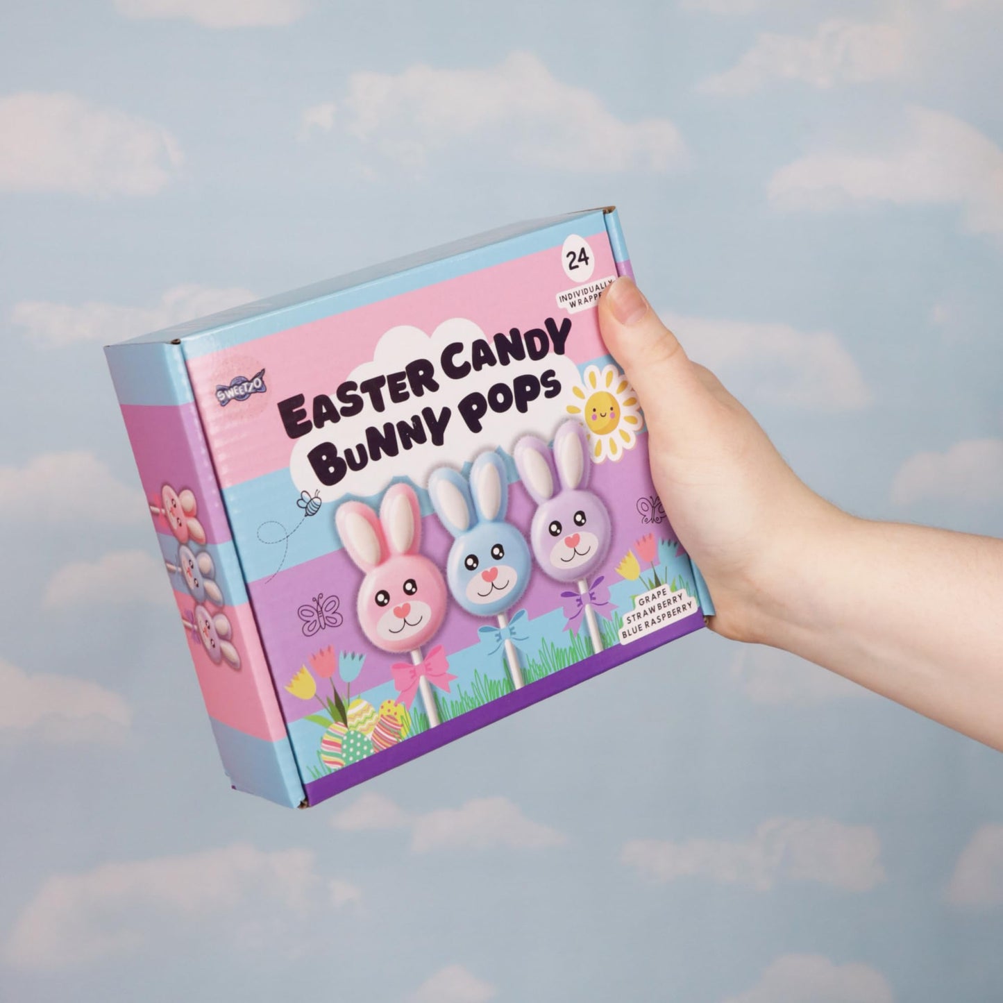 Sweetzo Easter Candy Bunny Lollipops, Individually Wrapped Fruit Flavored Suckers, Gift Basket Stuffers (24 Count)