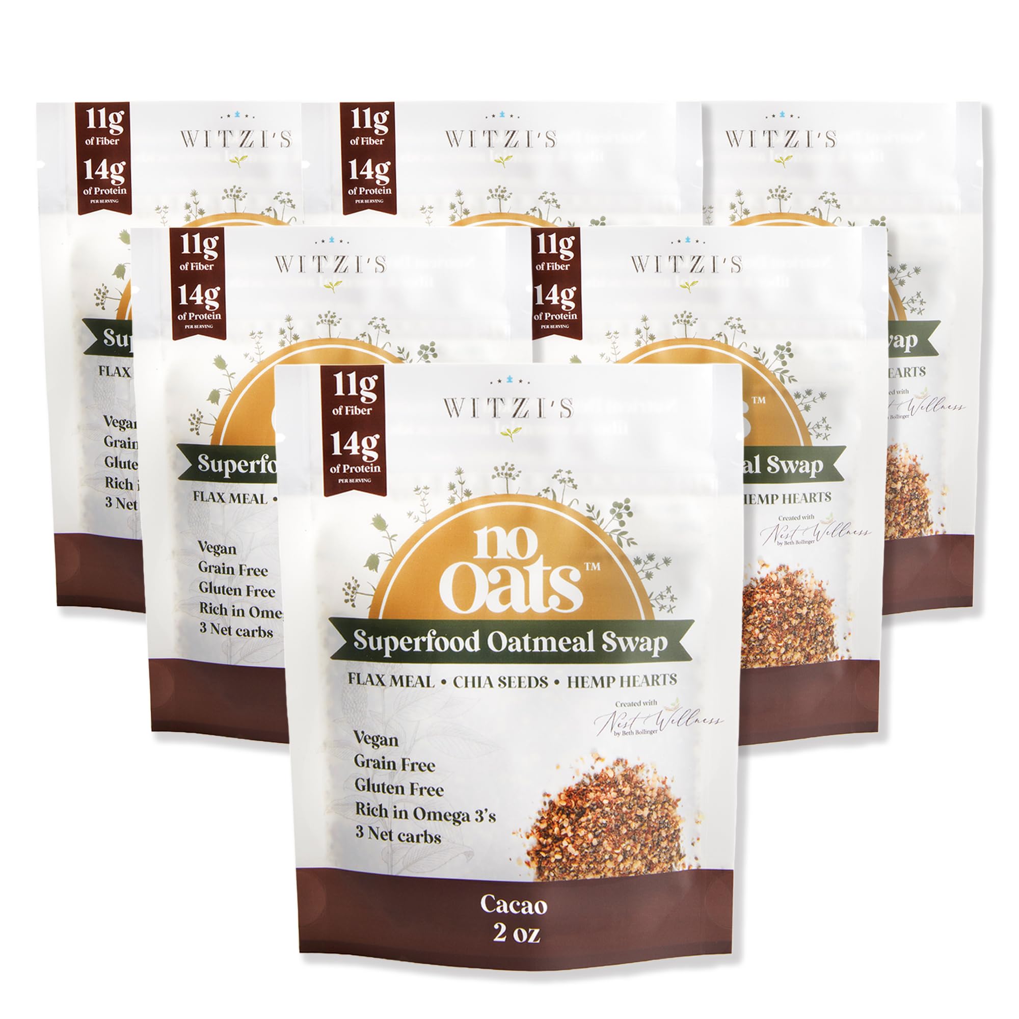 Witzi's No Oats Oatmeal Alternative, Cacao, 2oz (Pack of 6), Made with Chia Seeds, Cinnamon & Chocolate, Grain Free, Gluten Free, Vegan, Keto
