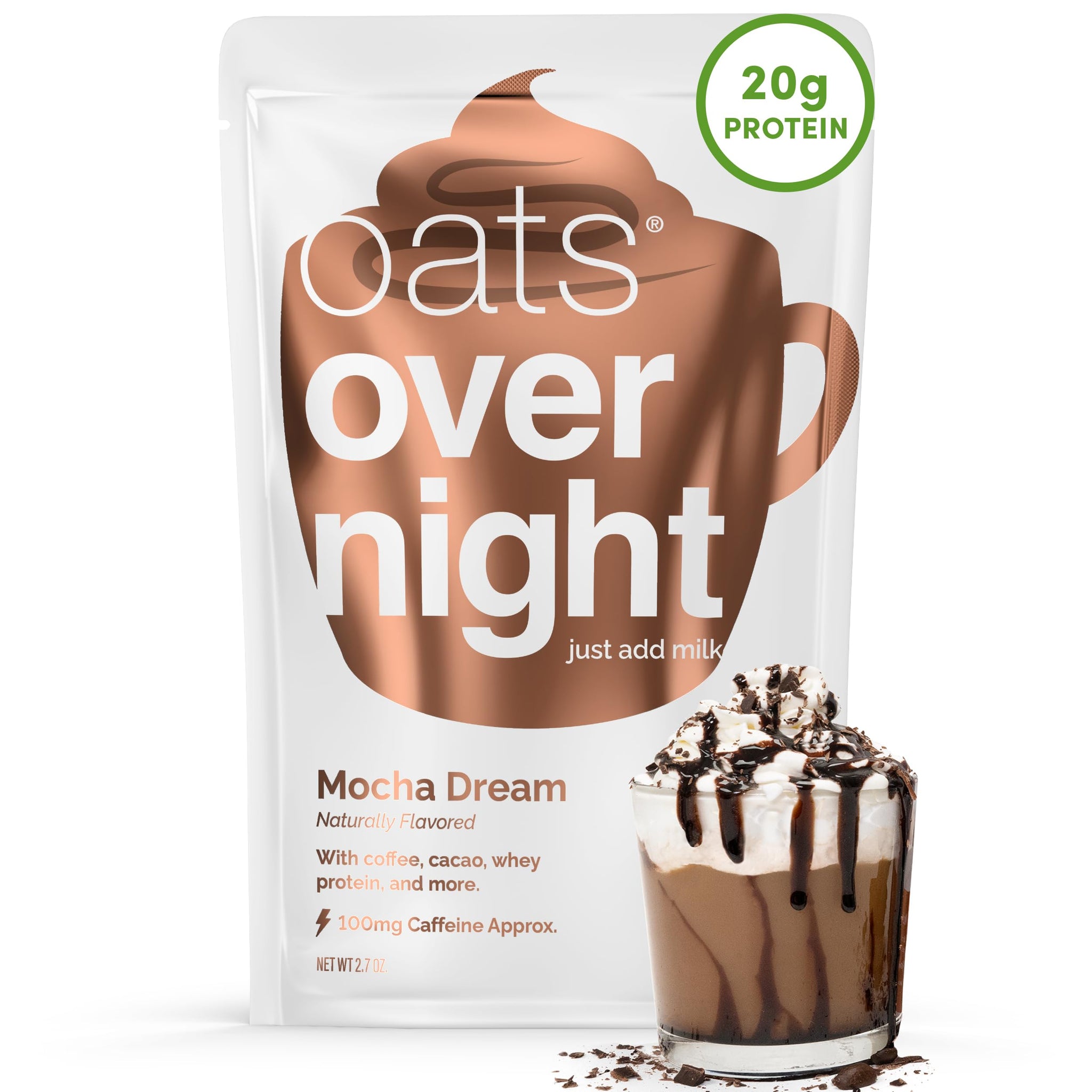 Oats Overnight - Mocha Dream - 20g Protein, High Fiber Breakfast Shake 100mg Caffeine - Gluten Free, Non GMO Oatmeal (2.7 oz per meal) (8 Pack)