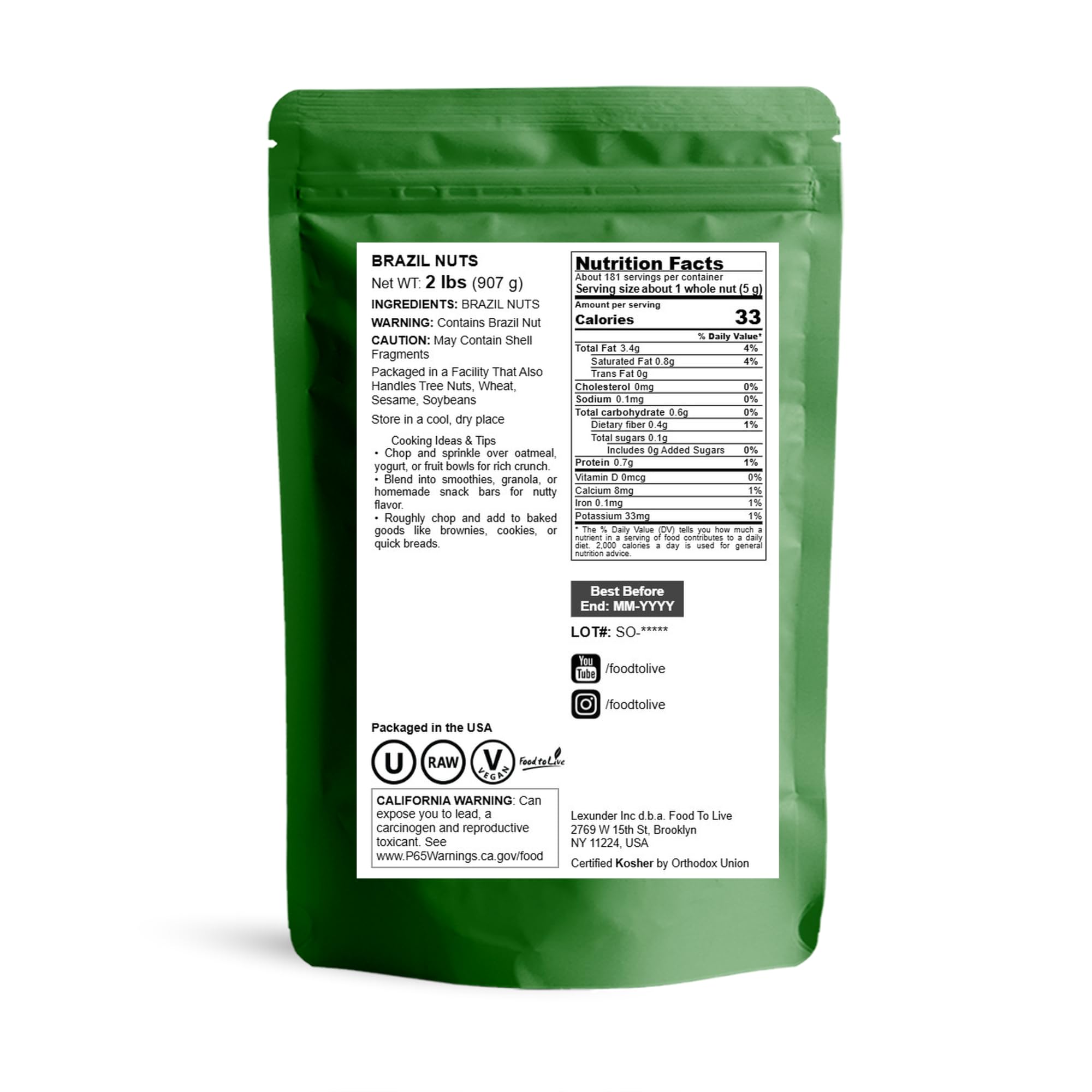 Food to Live - Raw Brazil Nuts, 2 Pound, Raw, Whole, No Shell, Unsalted, Kosher, Vegan, Keto and Paleo Friendly, Bulk, Good Source of Selenium, Low