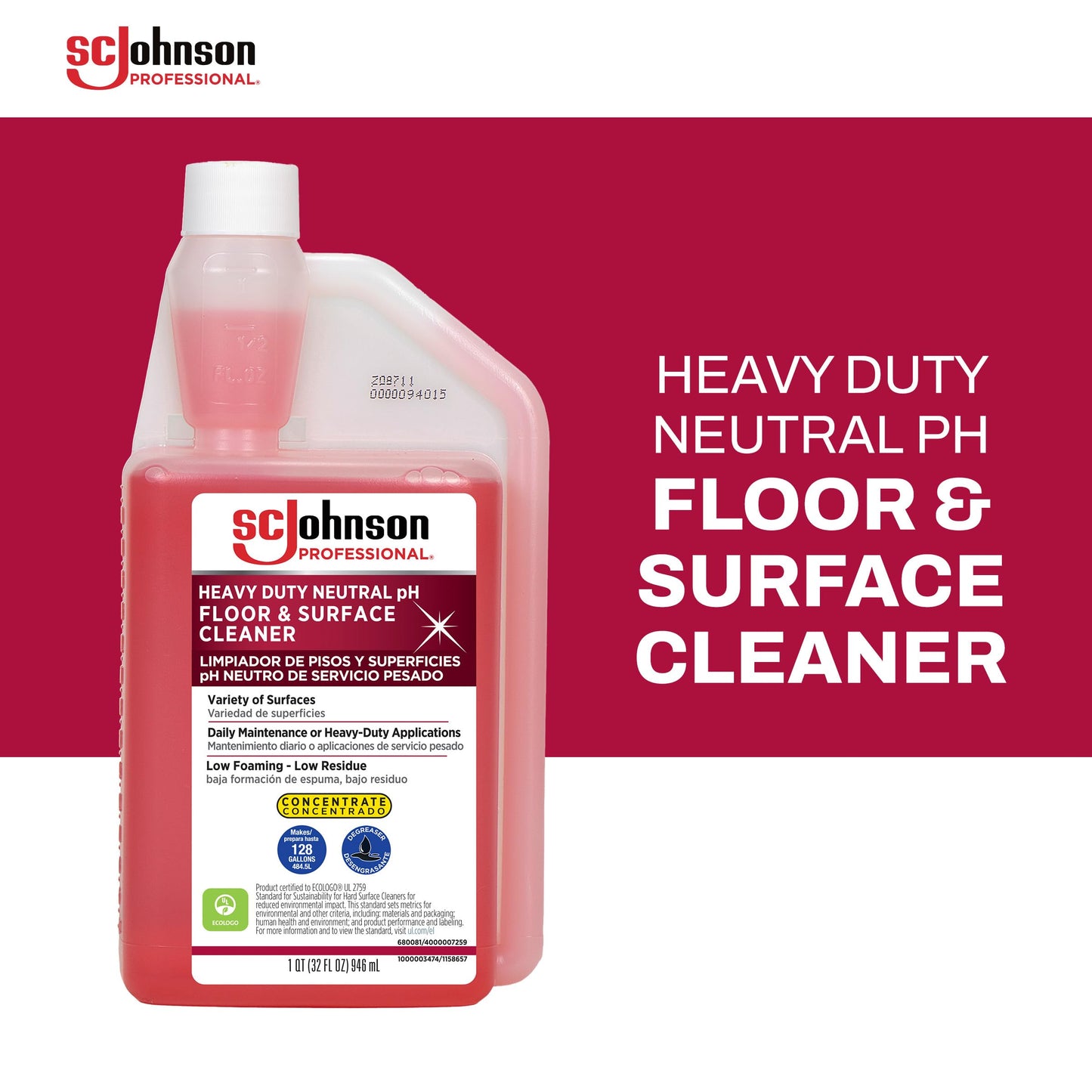 SC Johnson Professional Heavy Duty Neutral pH Floor and Surface Cleaner, Floor Cleaner Concentrate, 32 fl. oz. Bottle, Case of 2, for Professional Use