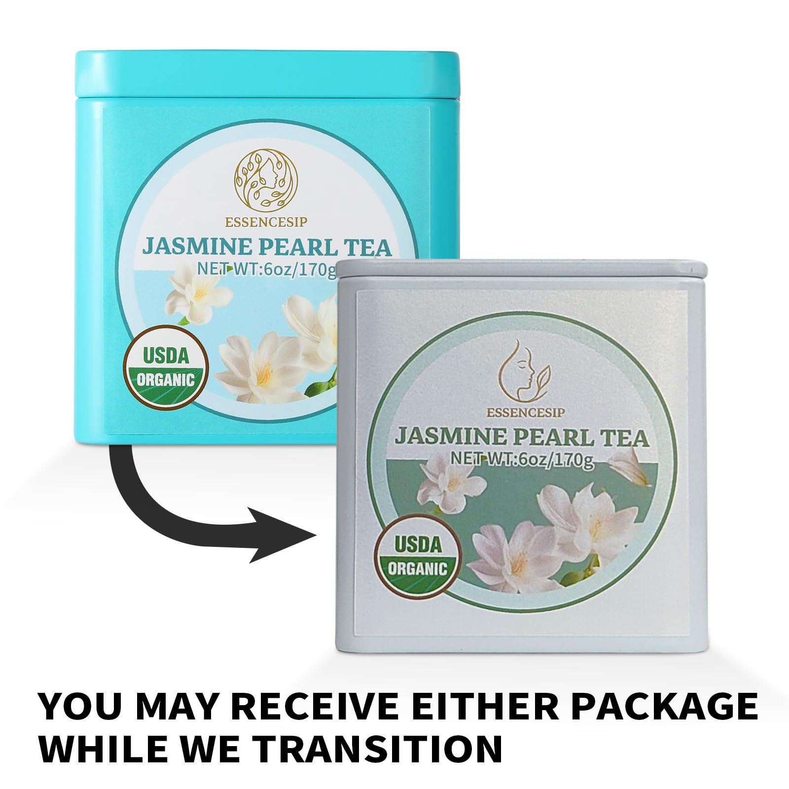 Essencesip Jasmine Pearl Green Tea Loose Leaf, 6oz Tin - 4x Scented Dragon Pearls with Deep Jasmin Aroma, Smooth Taste, USDA Organic, Ethically